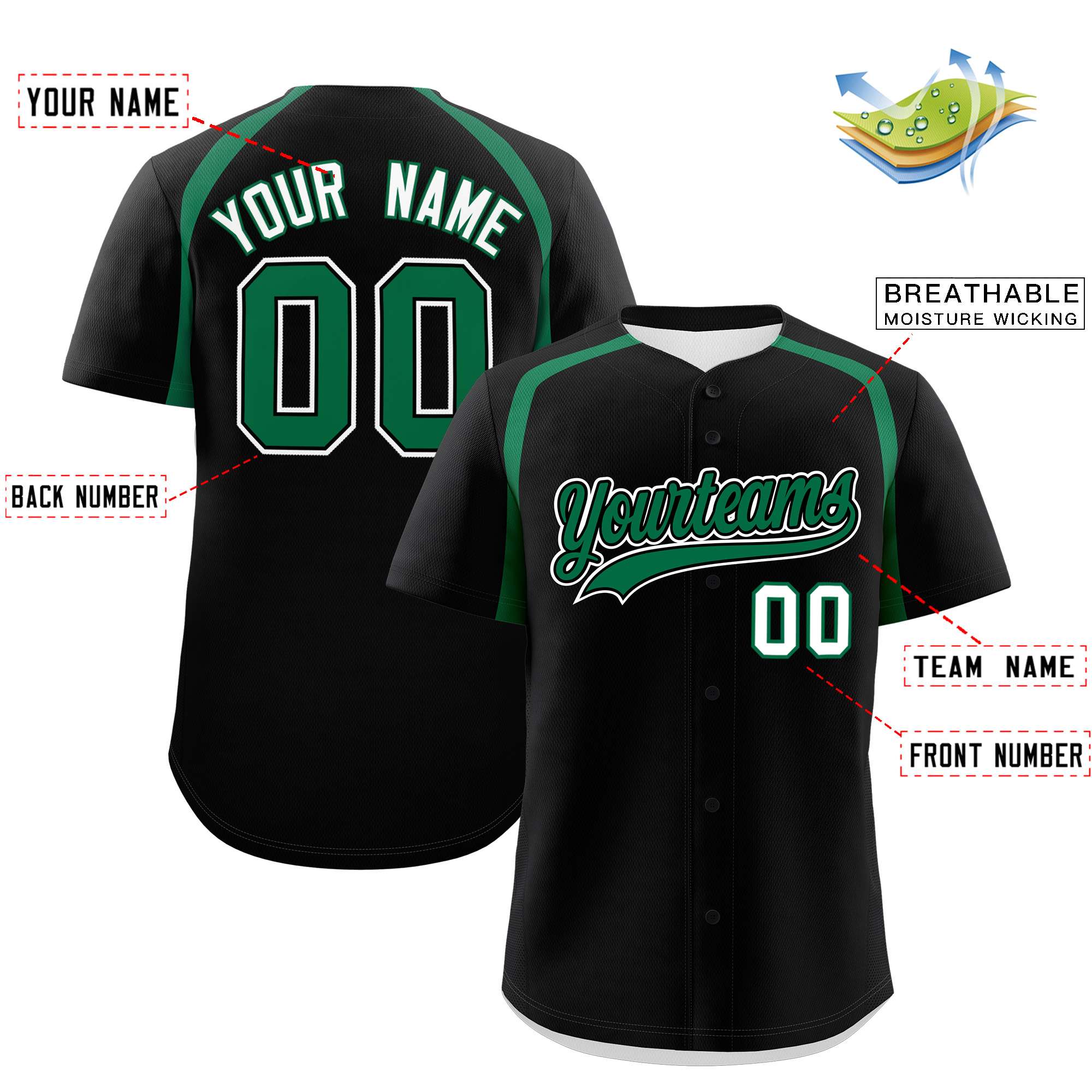 Custom Black Kelly Green Personalized Color Block Authentic Baseball Jersey