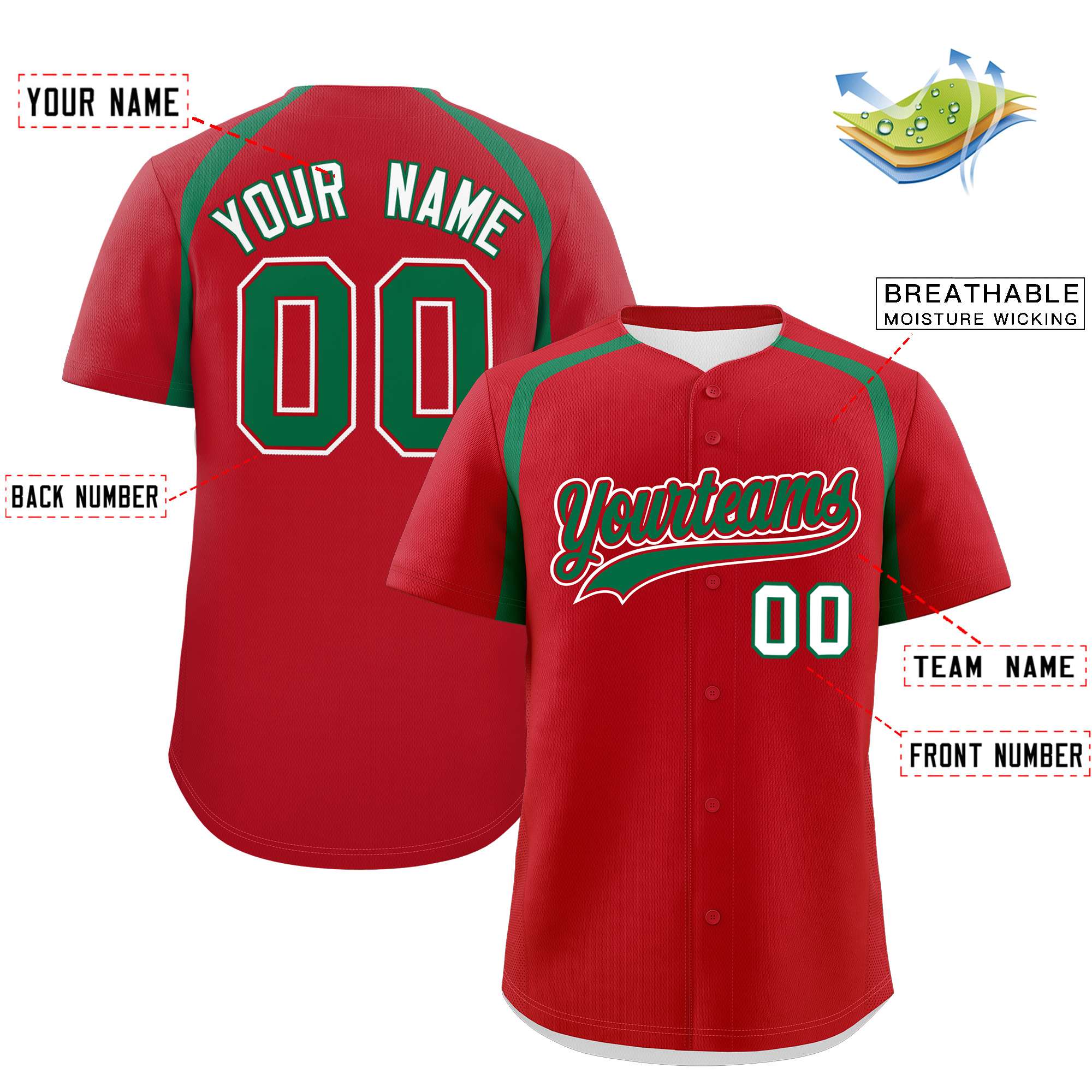 Custom Red Kelly Green Personalized Color Block Authentic Baseball Jersey