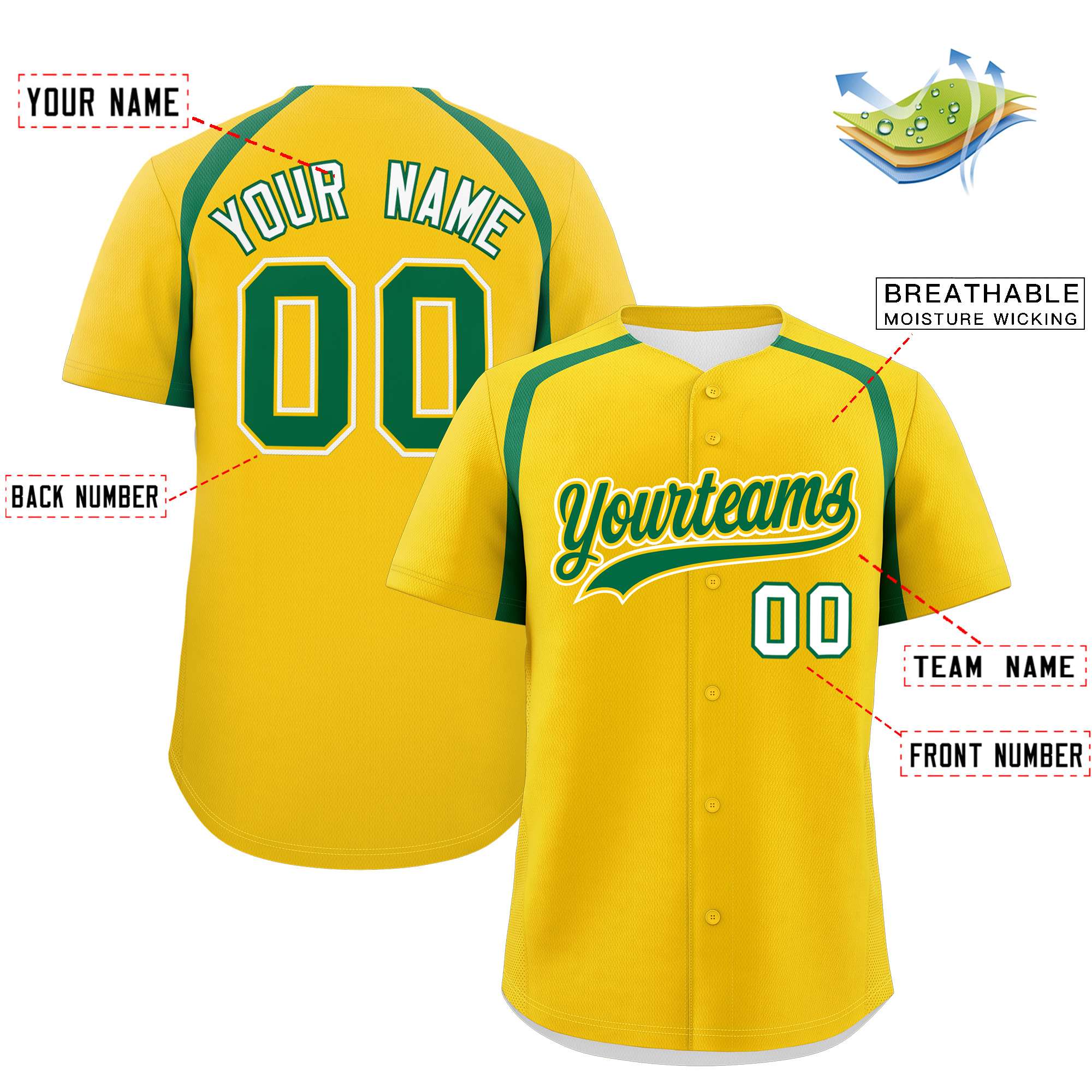 Custom Gold Kelly Green Personalized Color Block Authentic Baseball Jersey