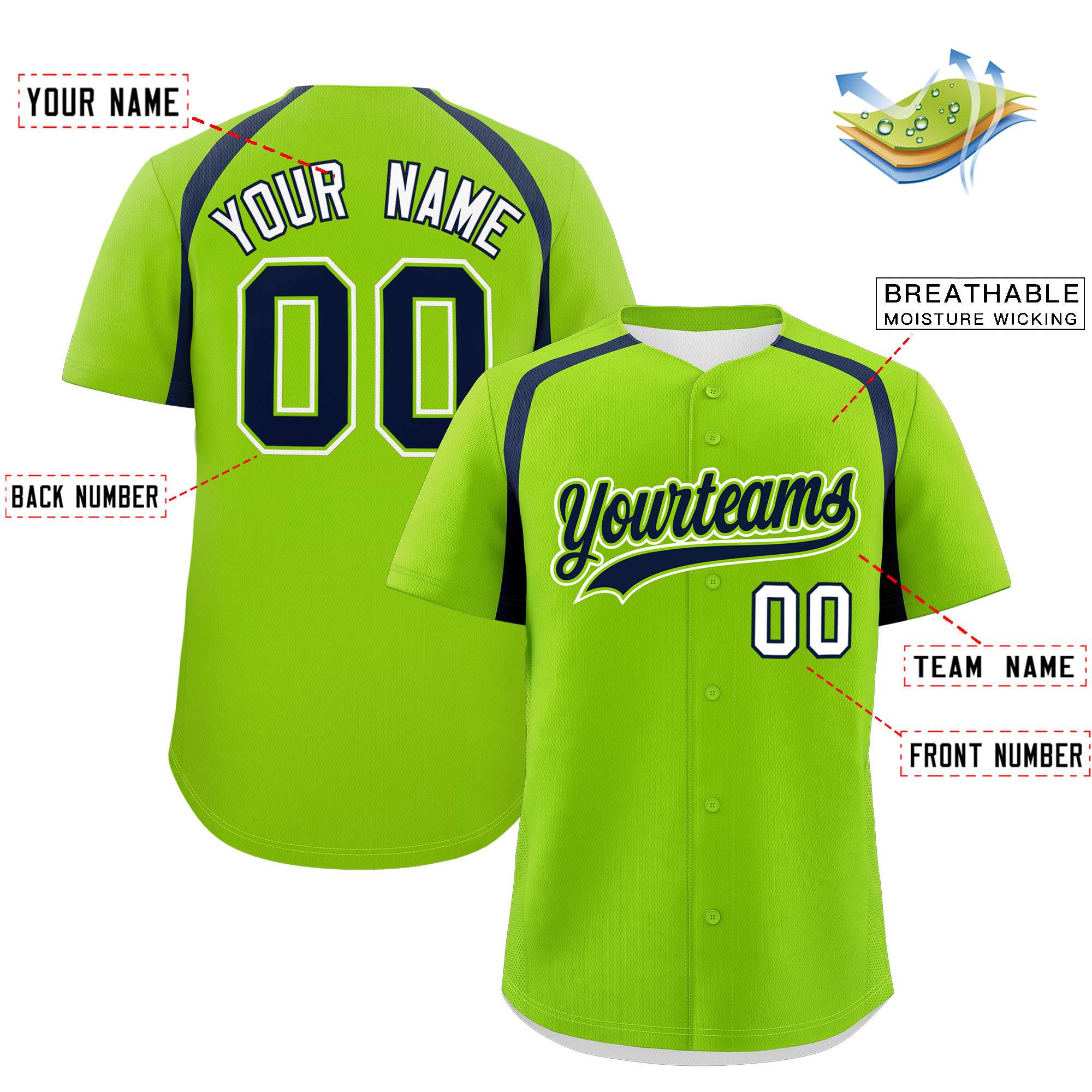 Custom Neon Green Navy Personalized Color Block Authentic Baseball Jersey