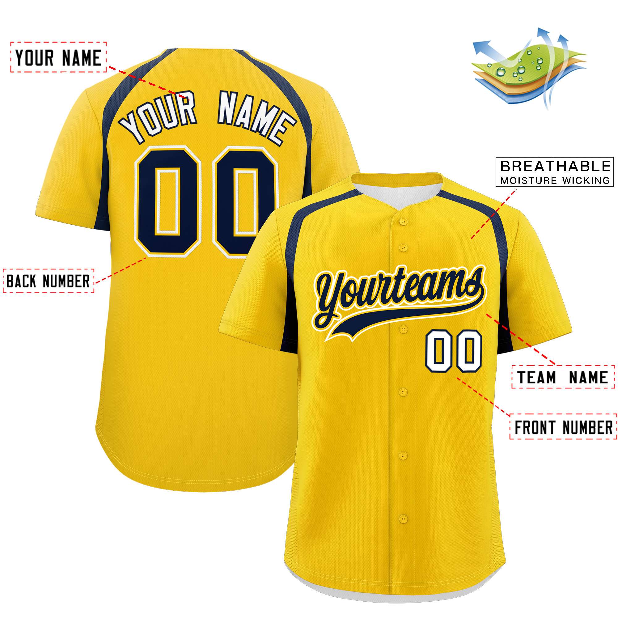 Custom Gold Navy Personalized Color Block Authentic Baseball Jersey