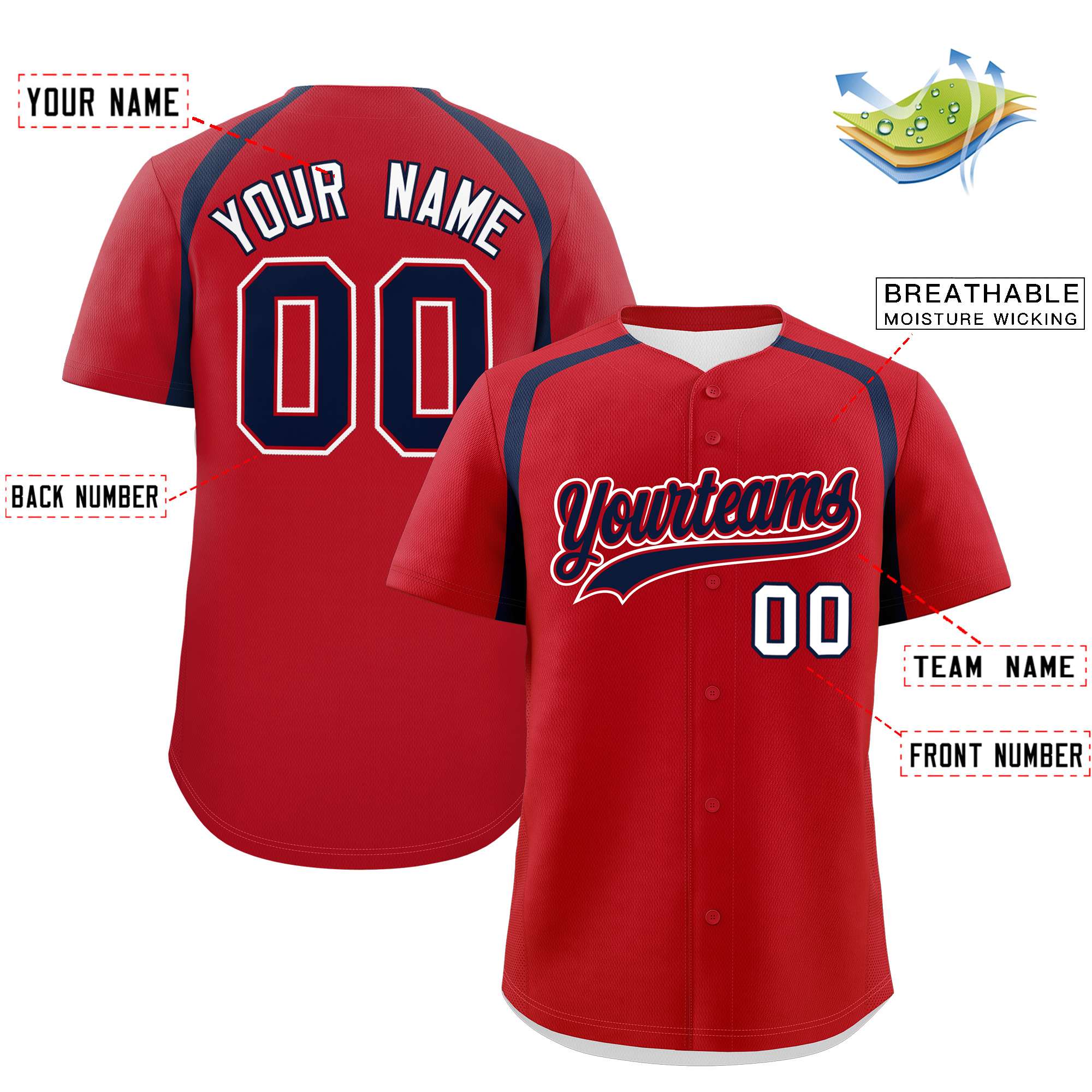 Custom Red Navy Personalized Color Block Authentic Baseball Jersey