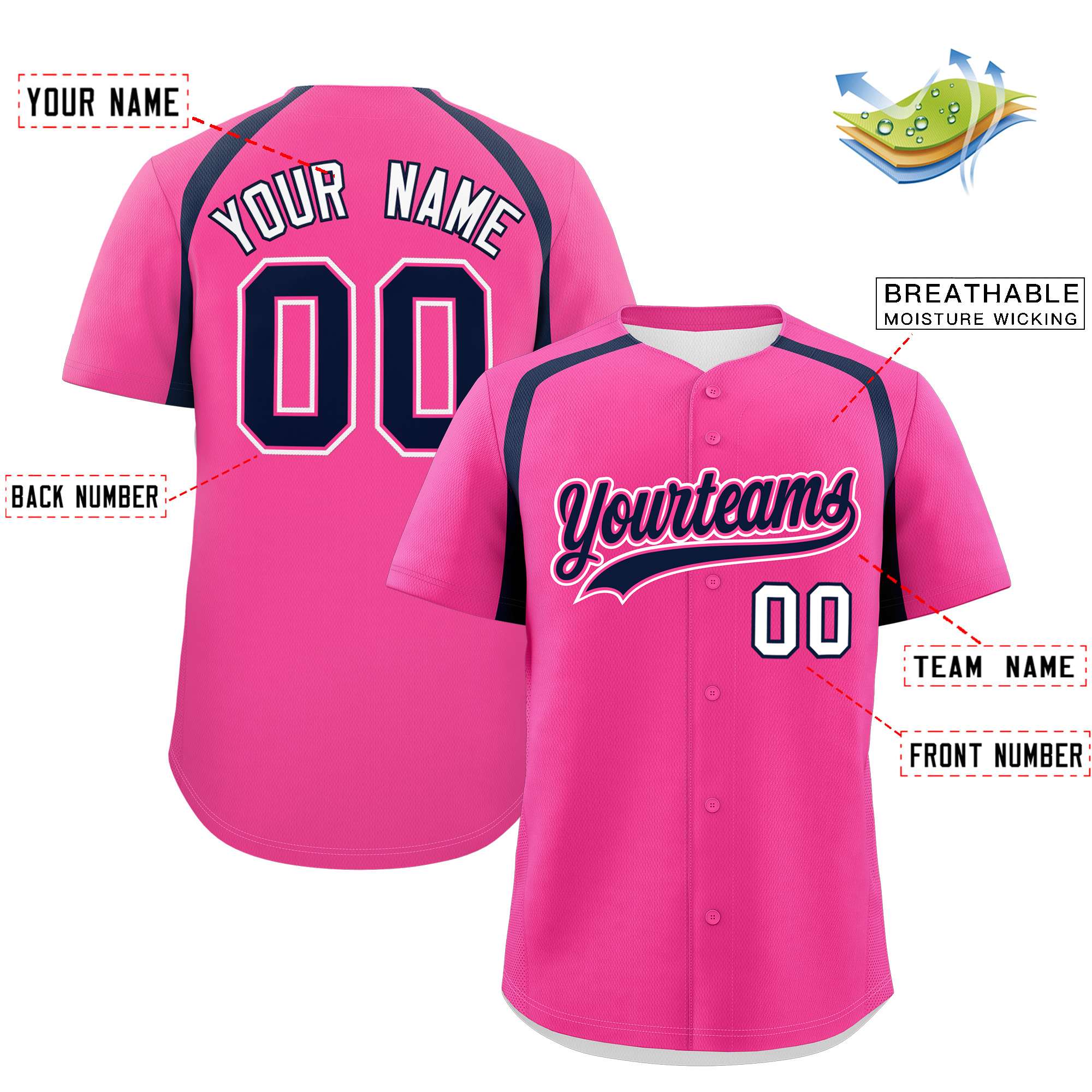 Custom Pink Navy Personalized Color Block Authentic Baseball Jersey