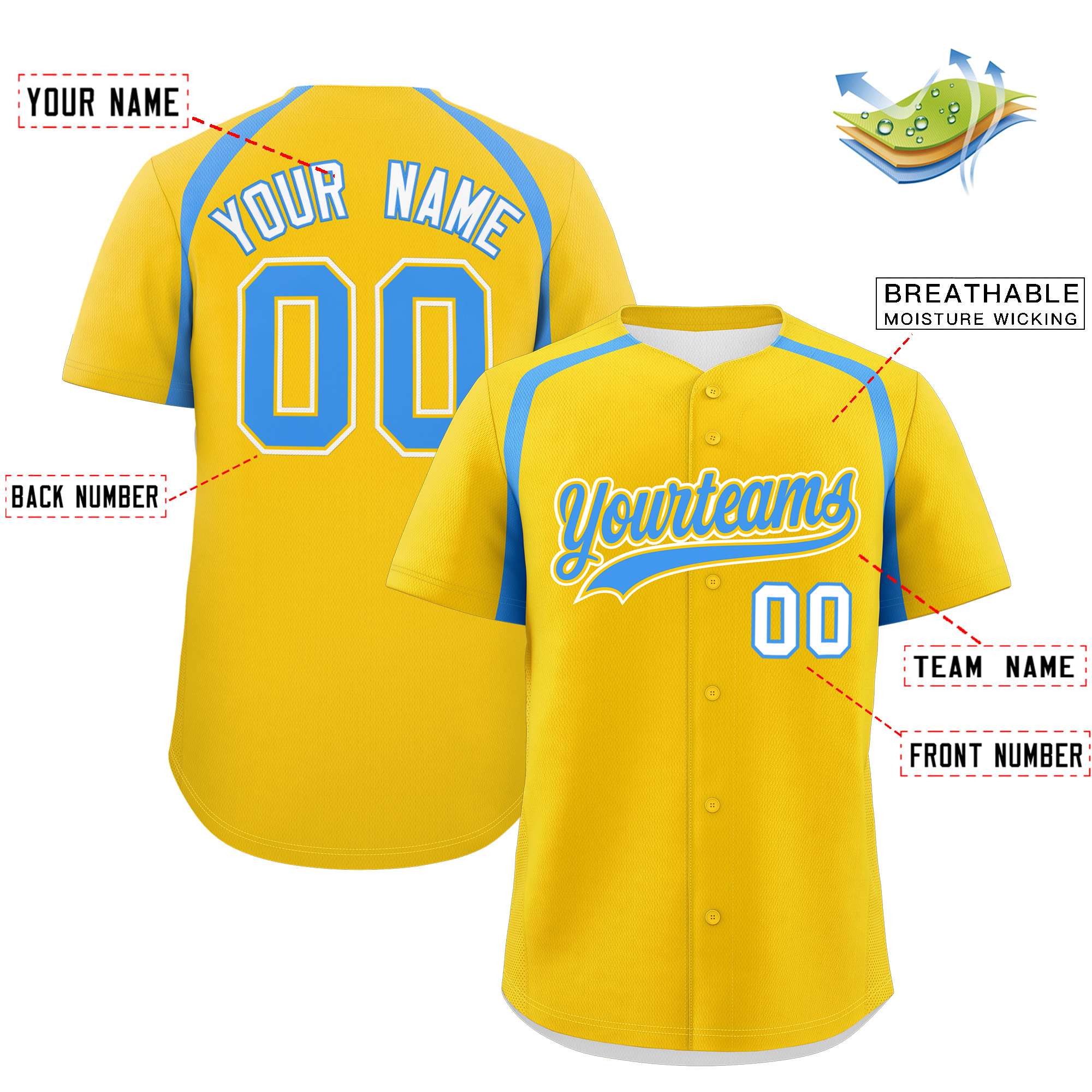 Custom Gold Powder Blue Personalized Color Block Authentic Baseball Jersey