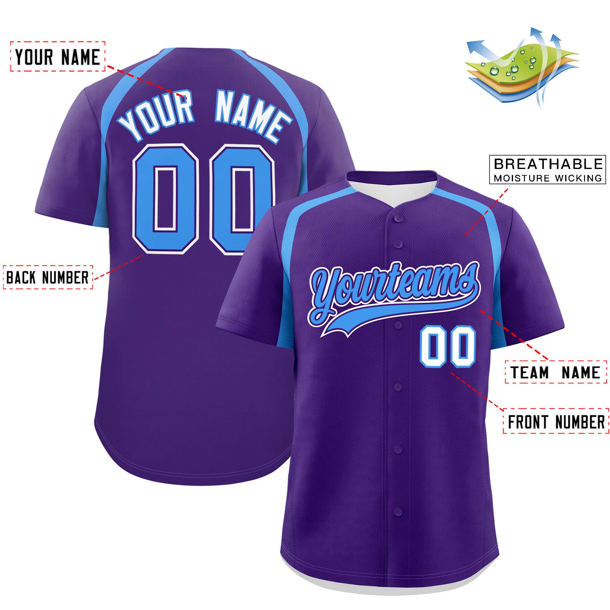 Custom Purple Powder Blue Personalized Color Block Authentic Baseball Jersey