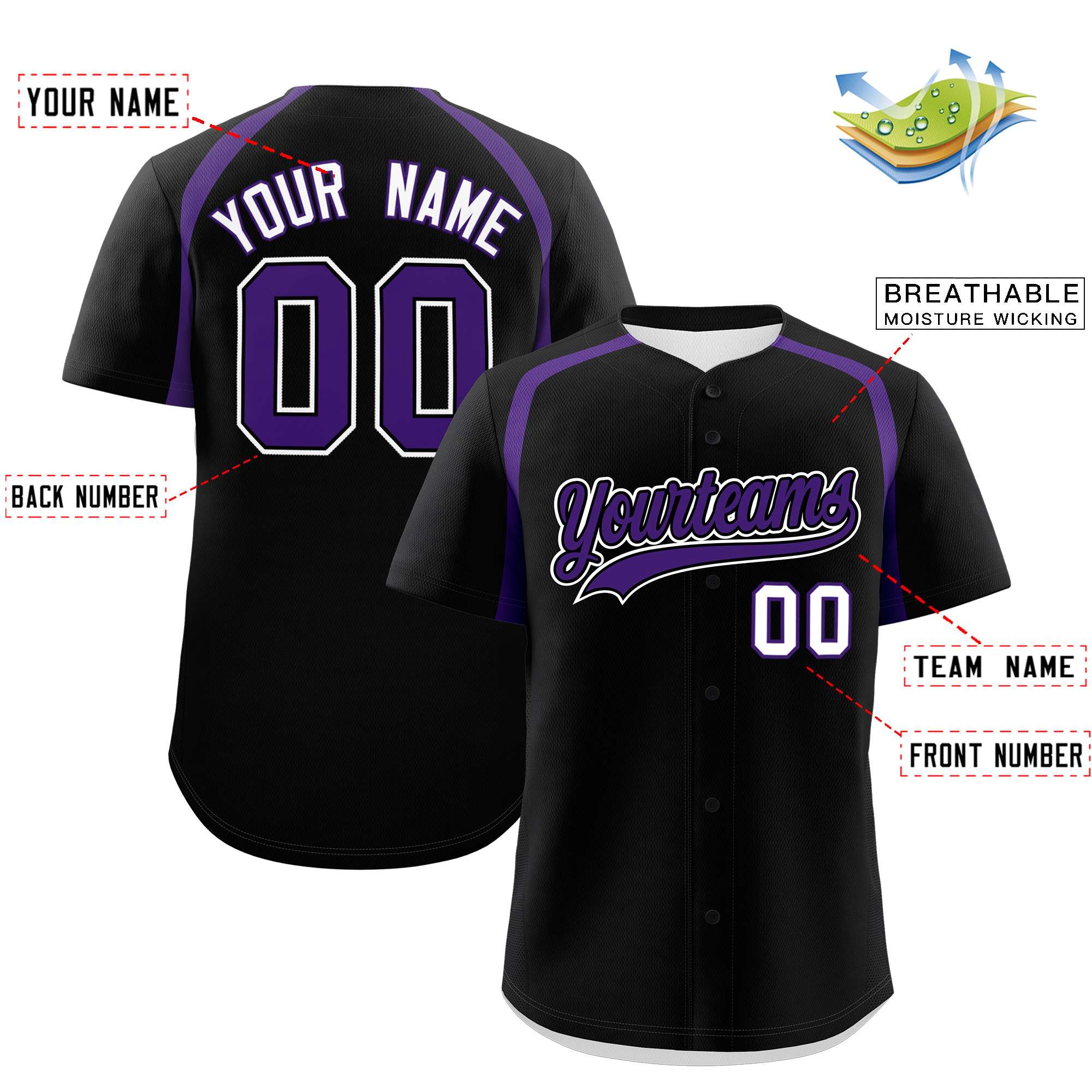 Custom Black Purple Personalized Color Block Authentic Baseball Jersey