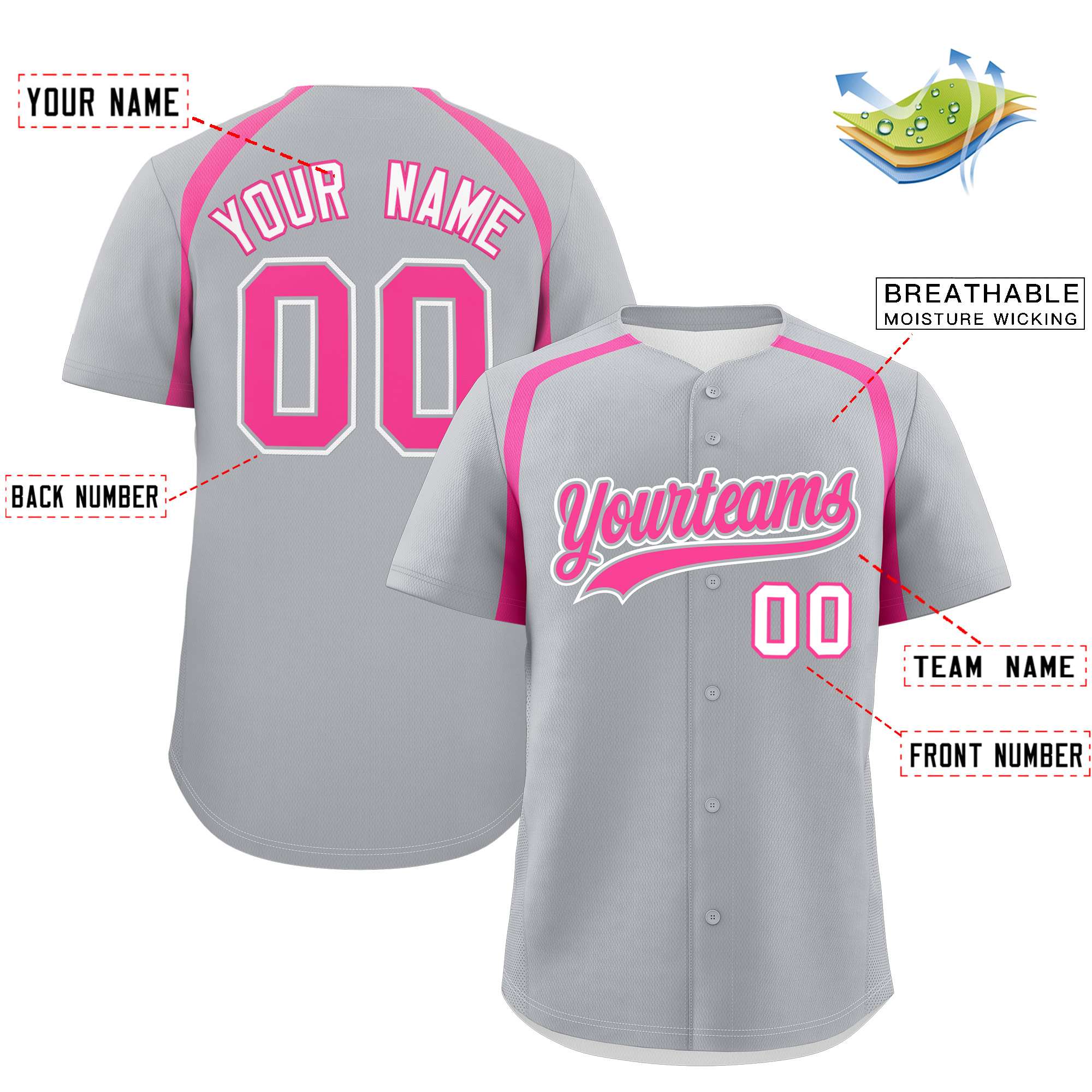 Custom Silver Pink Personalized Color Block Authentic Baseball Jersey