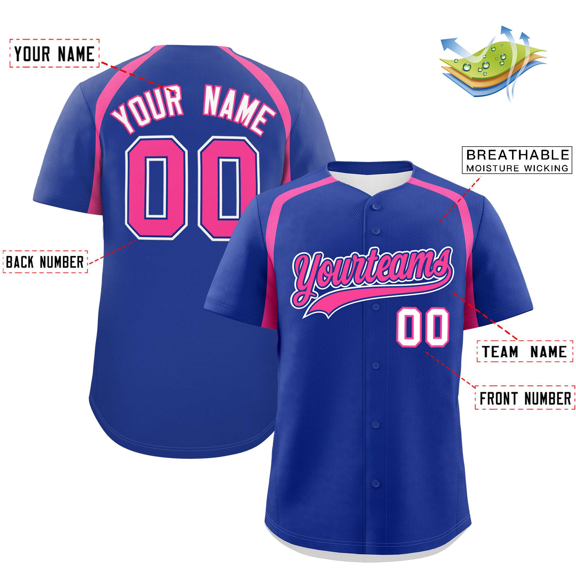 Custom Royal Pink Personalized Color Block Authentic Baseball Jersey