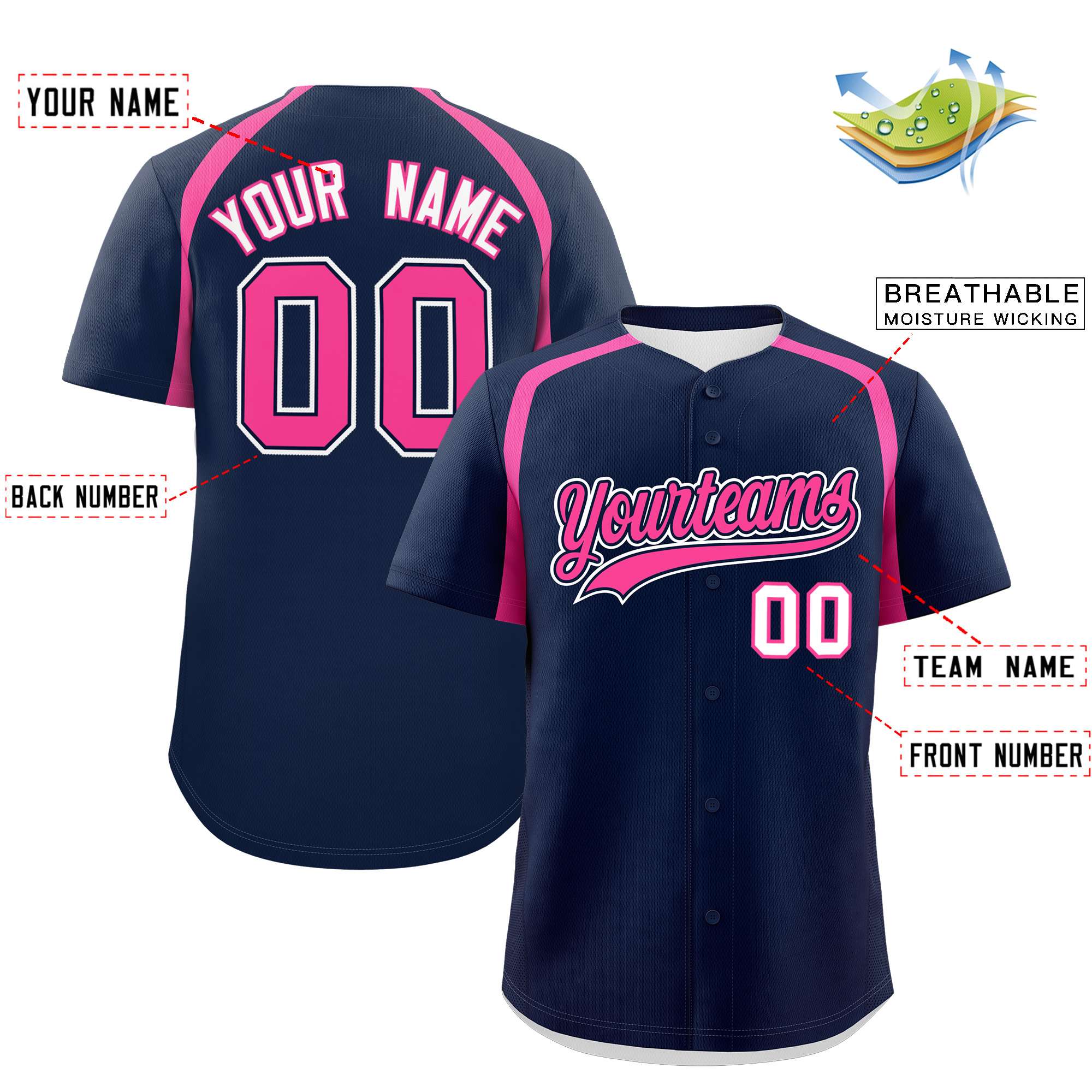 Custom Navy Pink Personalized Color Block Authentic Baseball Jersey