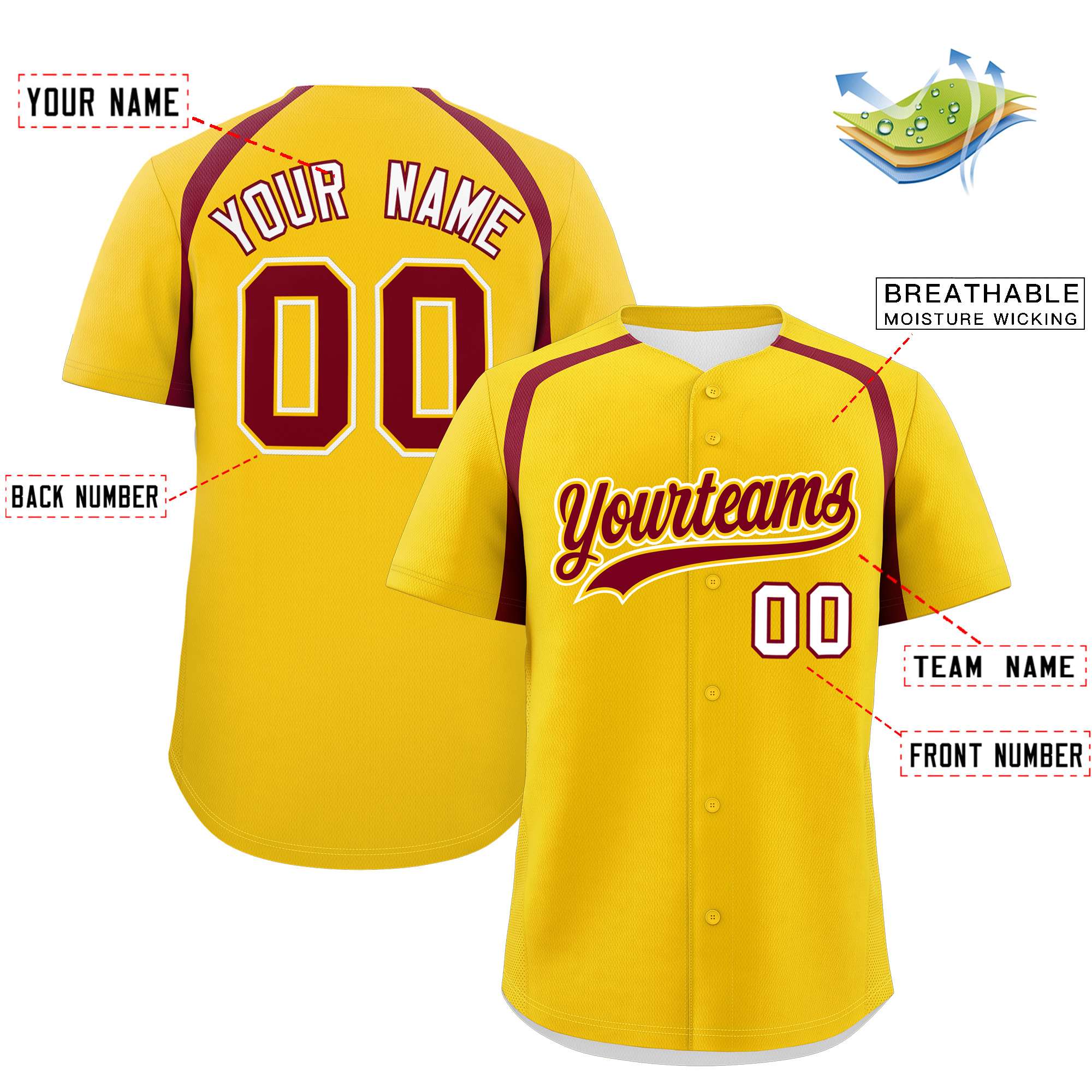 Custom Gold Crimson Personalized Color Block Authentic Baseball Jersey