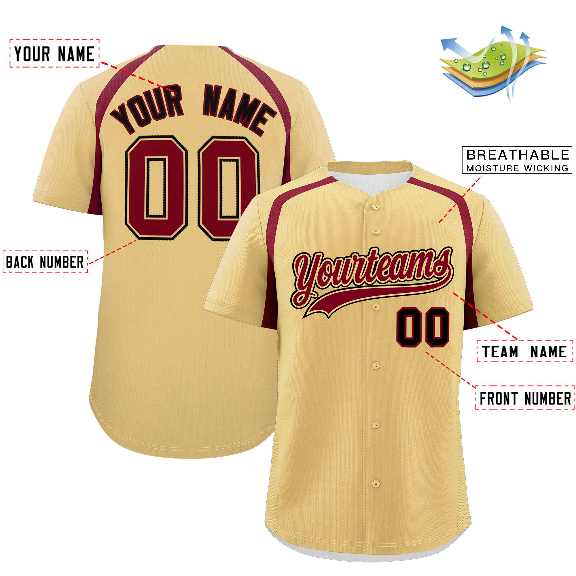 Custom Khaki Crimson Personalized Color Block Authentic Baseball Jersey