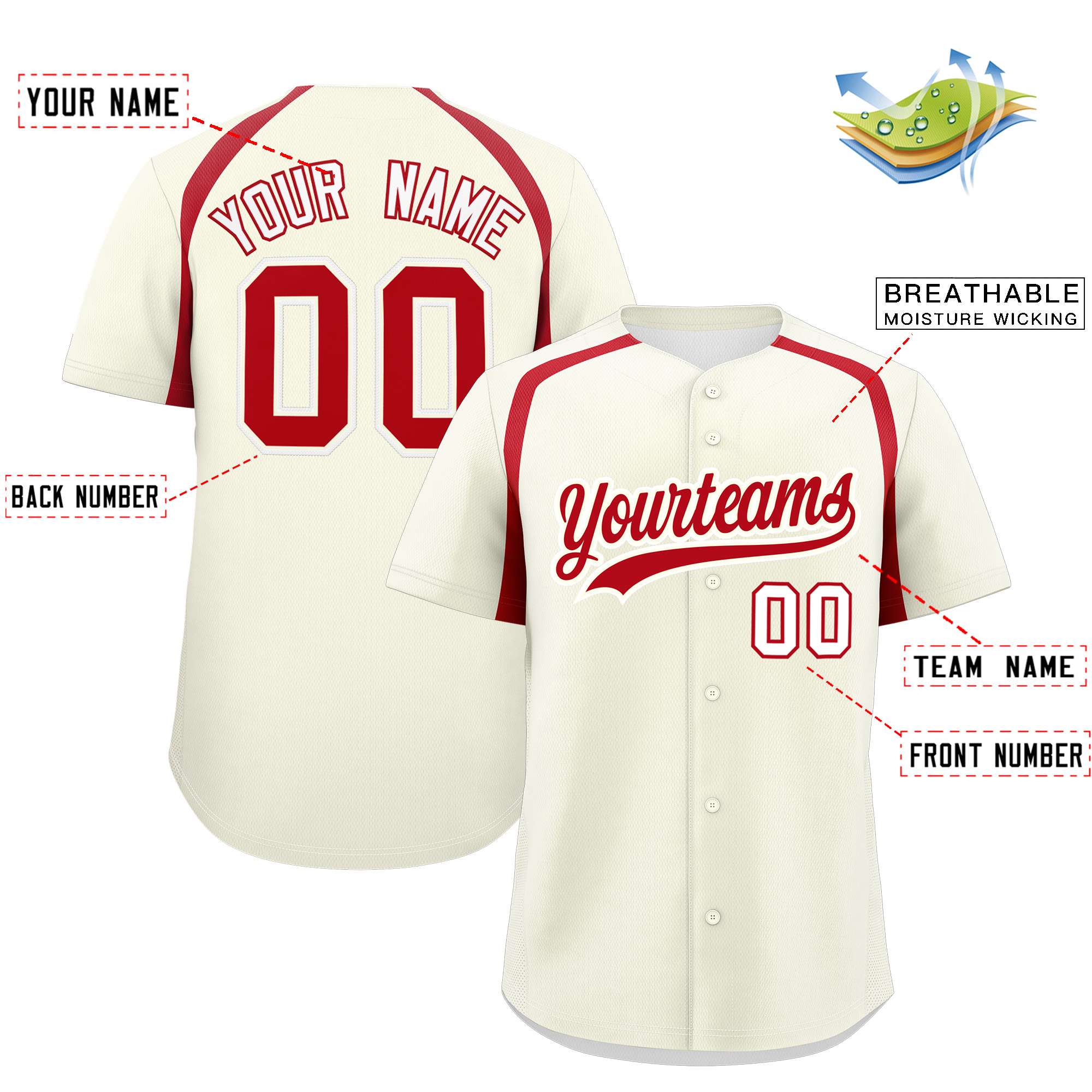 Custom Cream Red Personalized Color Block Authentic Baseball Jersey