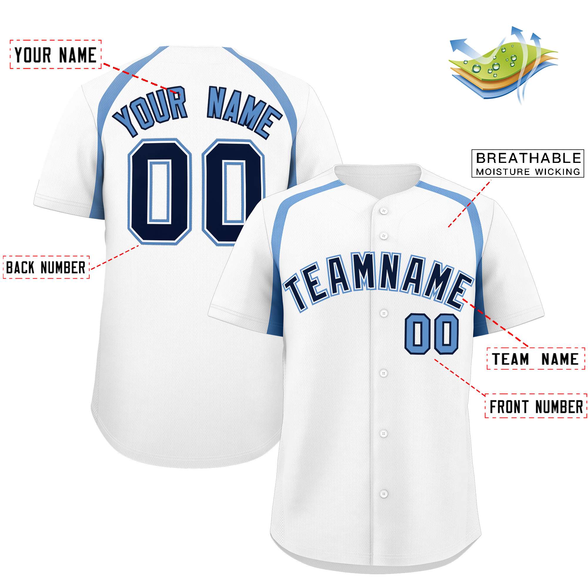 Custom White Light Blue Personalized Color Block Authentic Baseball Jersey