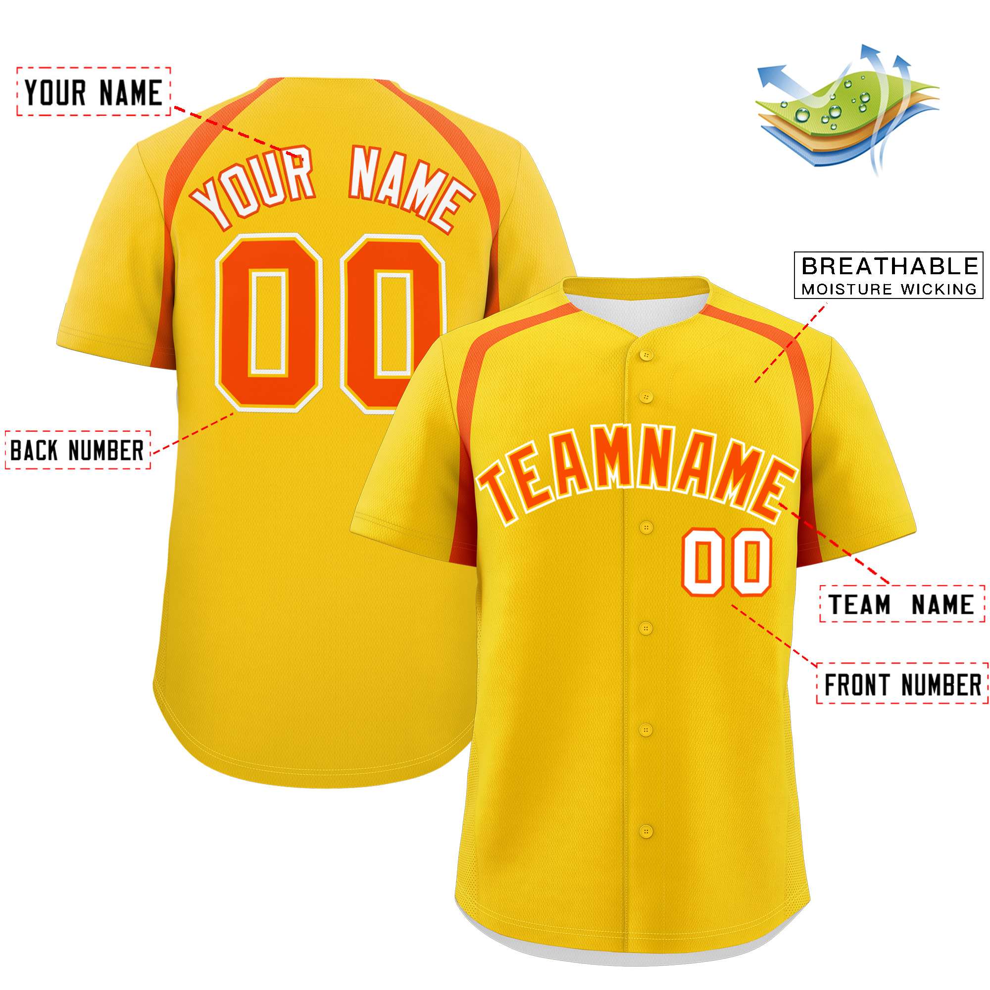 Custom Gold Orange Personalized Color Block Authentic Baseball Jersey