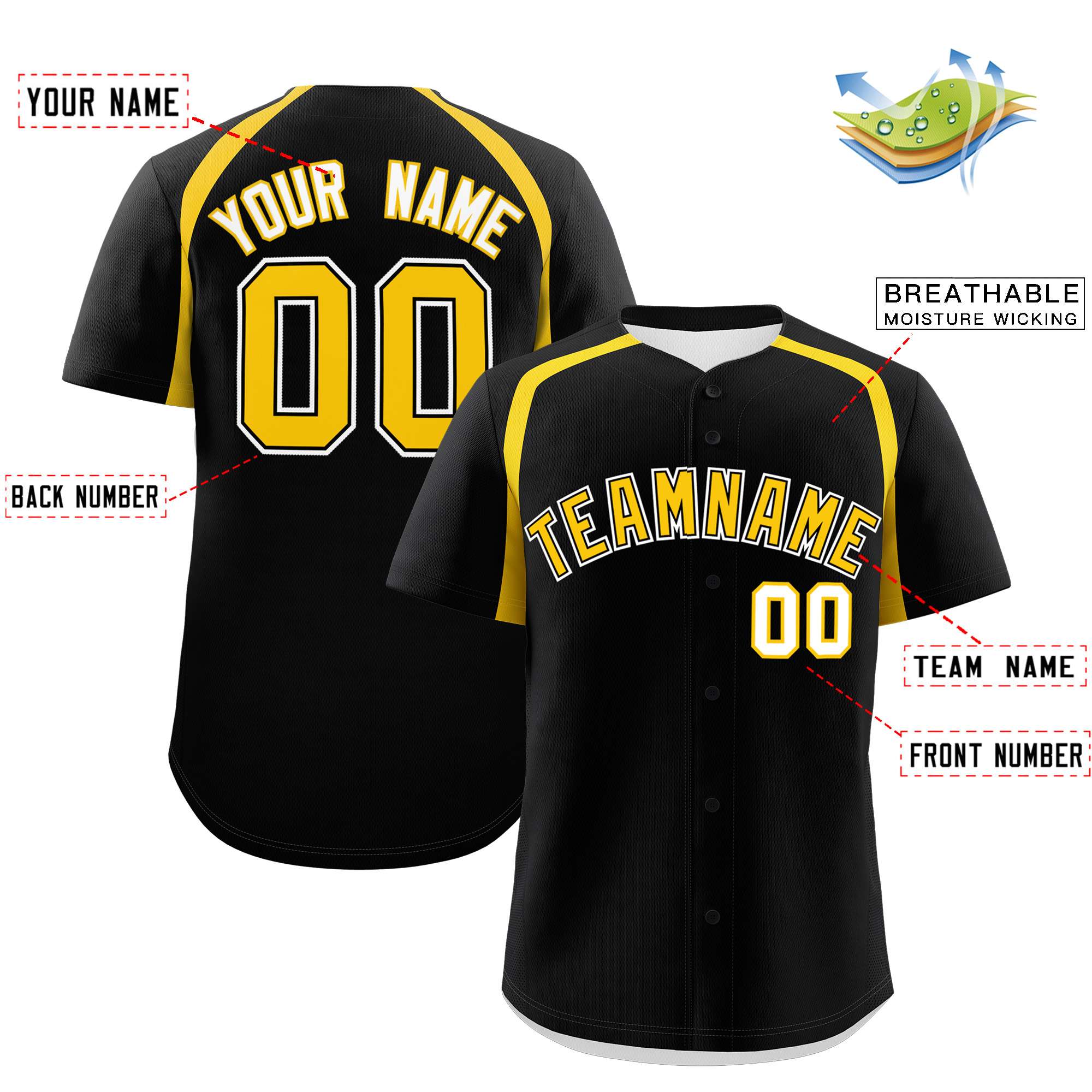 Custom Black Gold Personalized Color Block Authentic Baseball Jersey