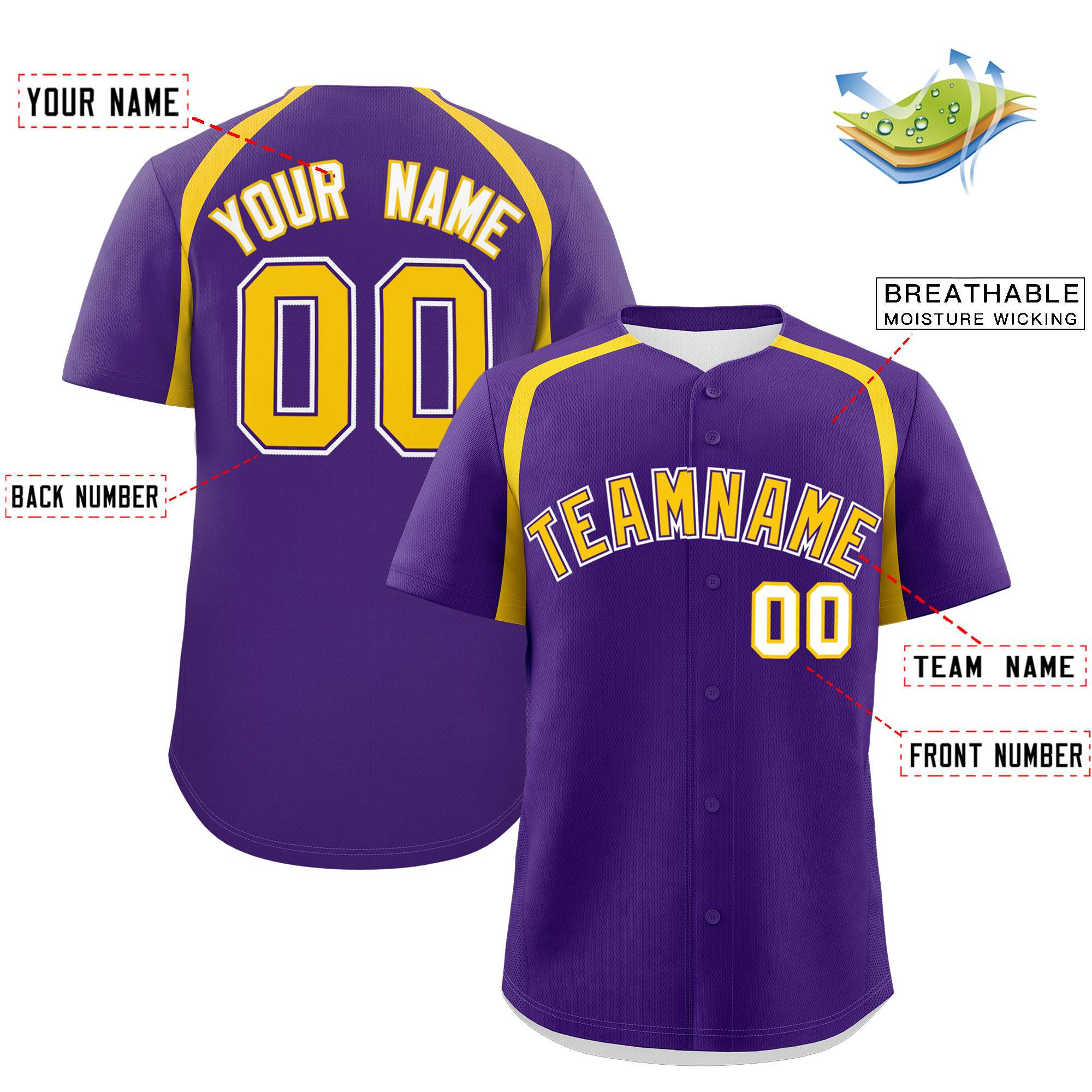 Custom Purple Gold Personalized Color Block Authentic Baseball Jersey