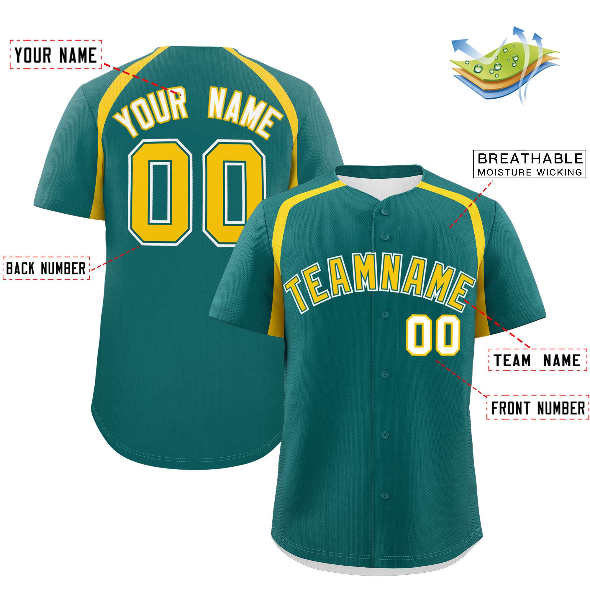 Custom Aqua Gold Personalized Color Block Authentic Baseball Jersey