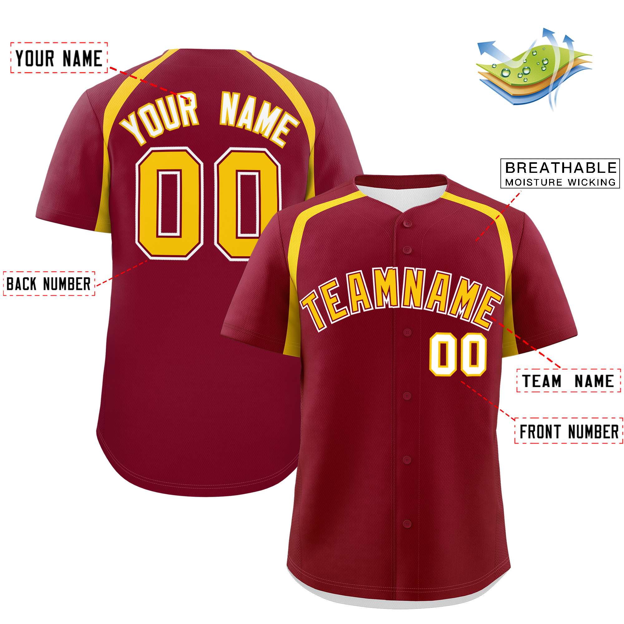 Custom Crimson Gold Personalized Color Block Authentic Baseball Jersey