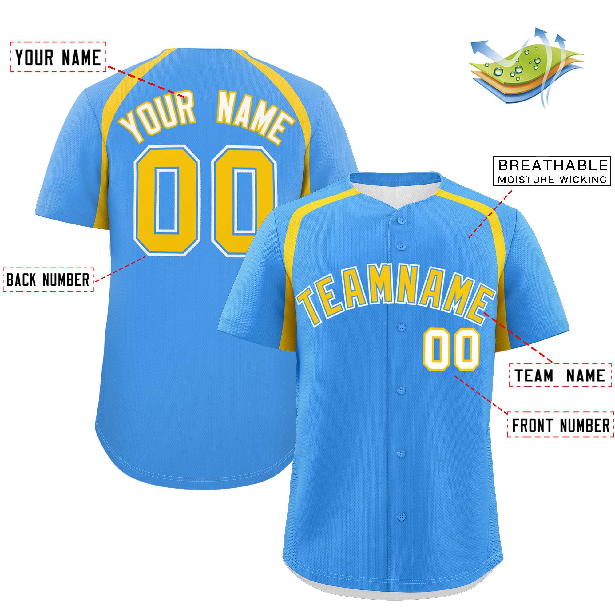 Custom Powder Blue Gold Personalized Color Block Authentic Baseball Jersey