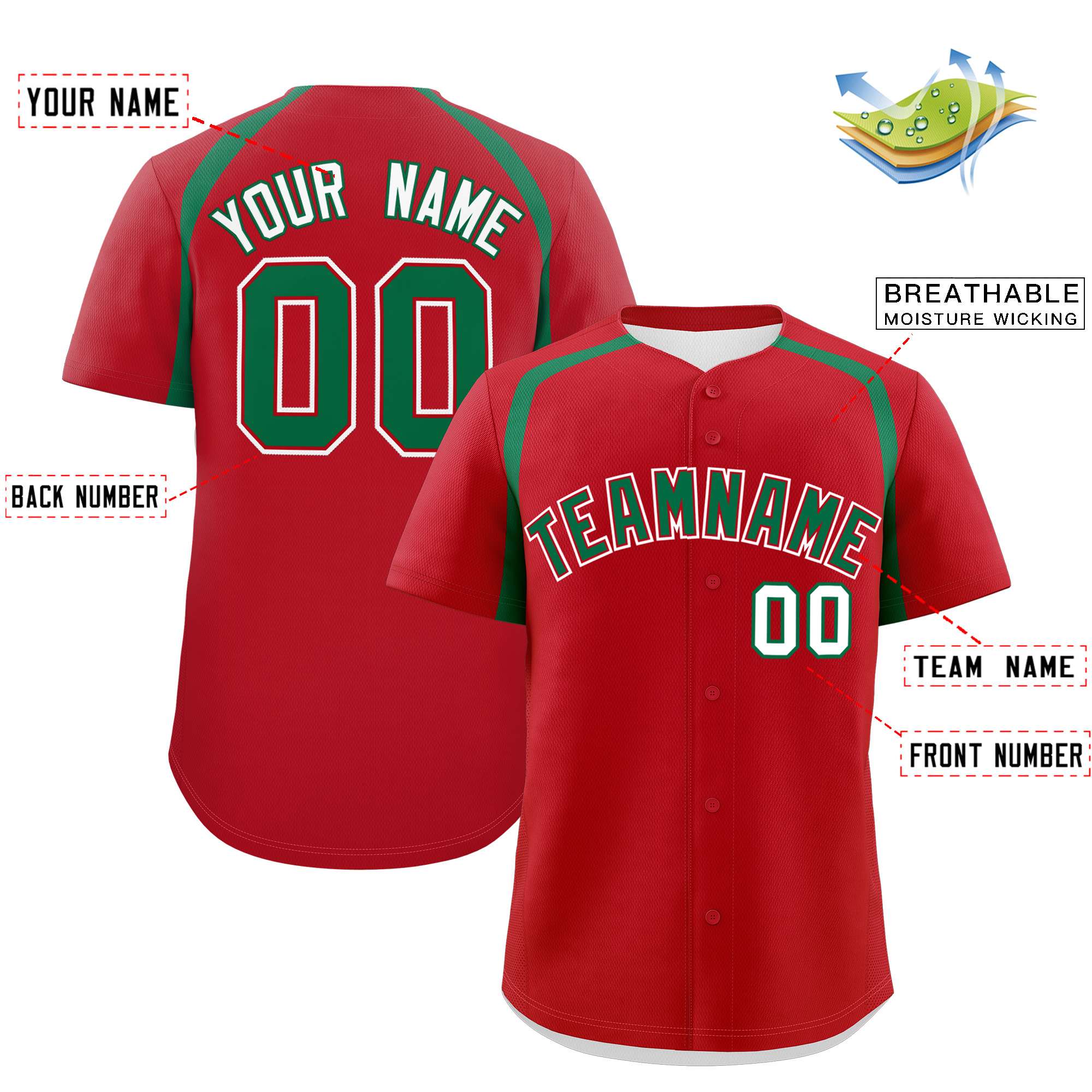 Custom Red Kelly Green Personalized Color Block Authentic Baseball Jersey