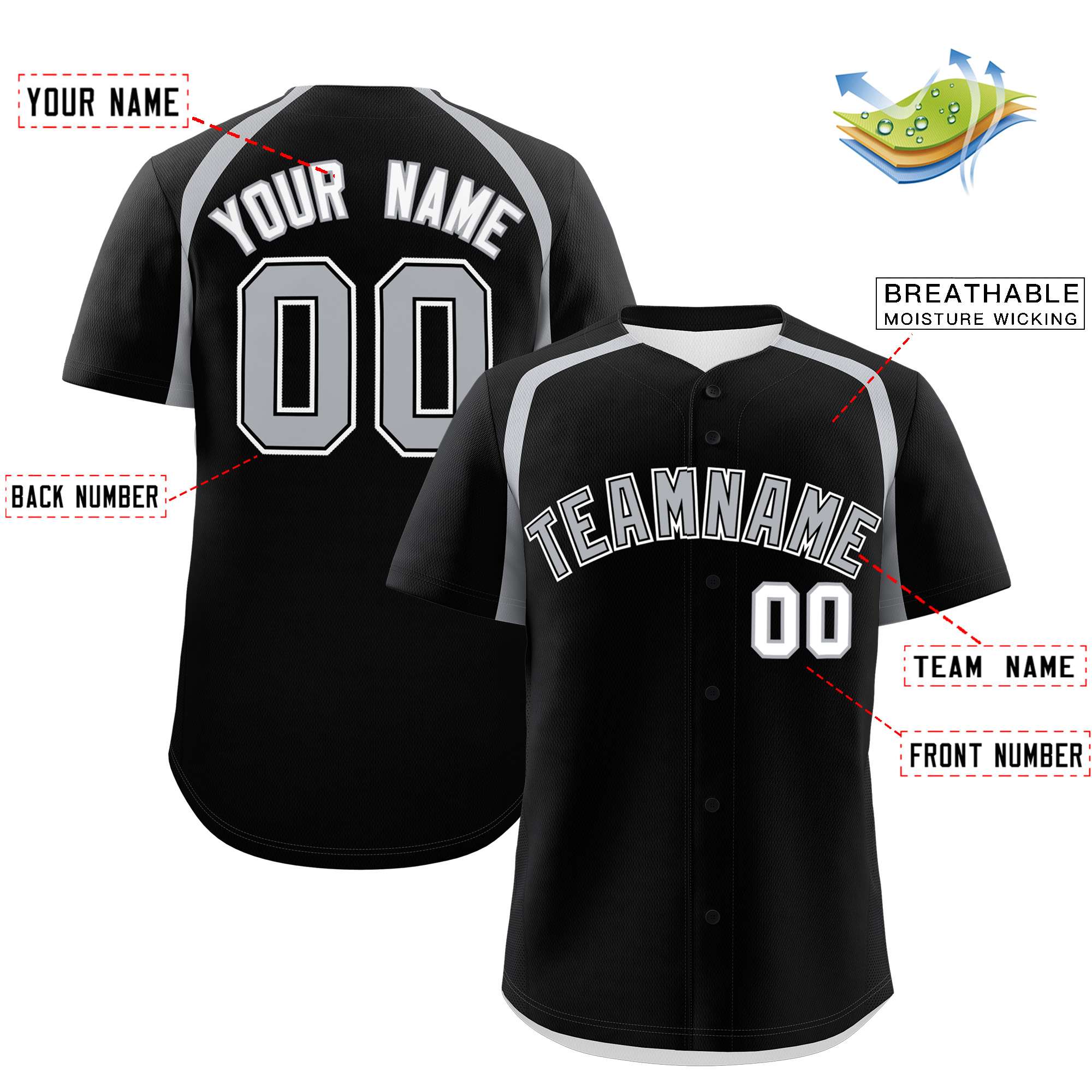 Custom Black Silver Personalized Color Block Authentic Baseball Jersey