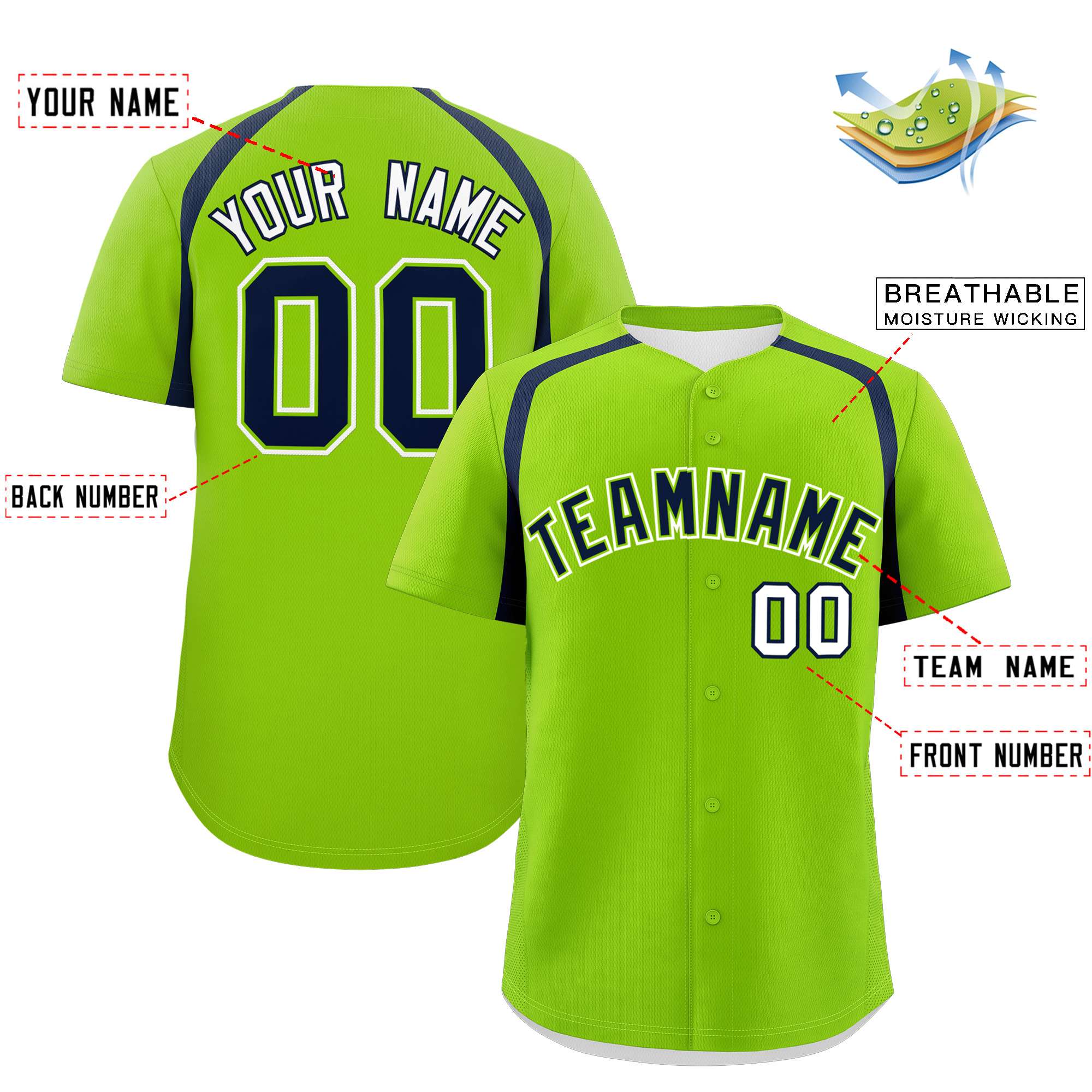 Custom Neon Green Navy Personalized Color Block Authentic Baseball Jersey