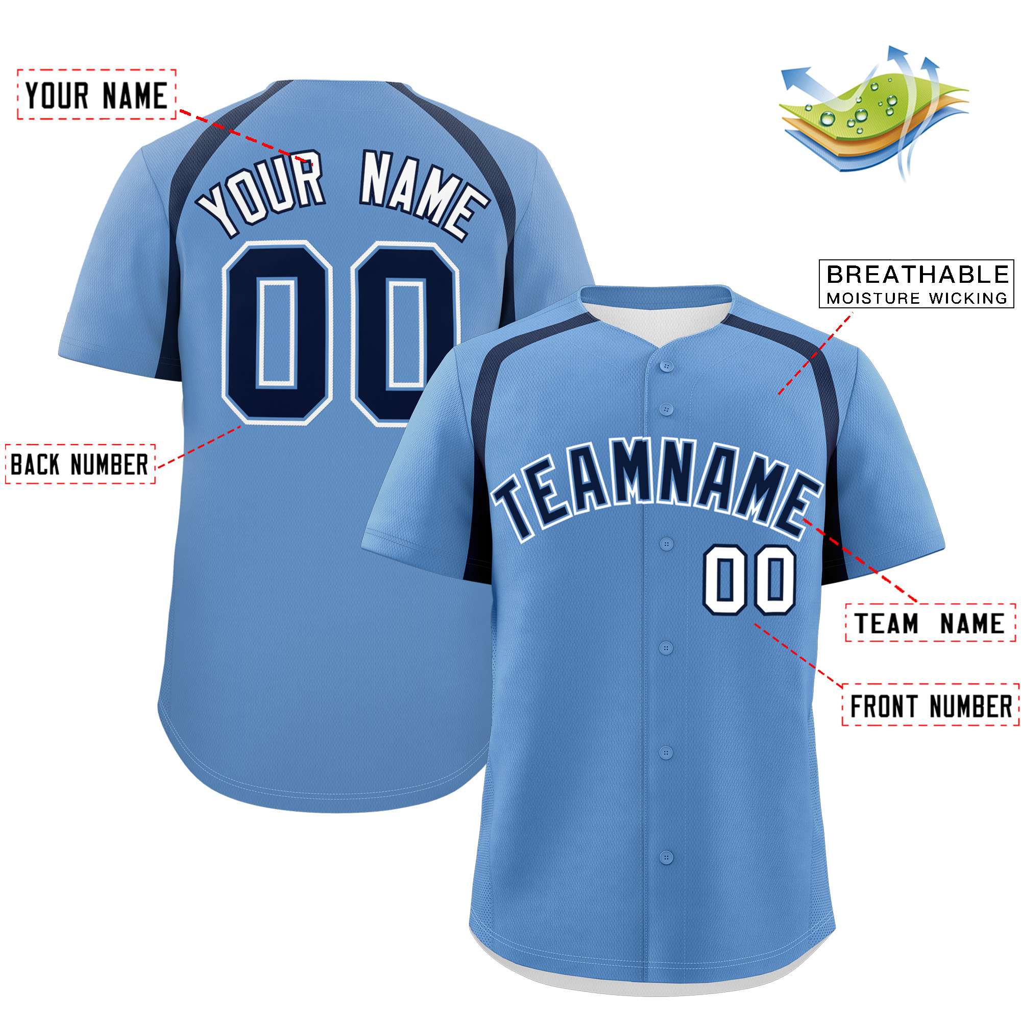 Custom Light Blue Navy Personalized Color Block Authentic Baseball Jersey