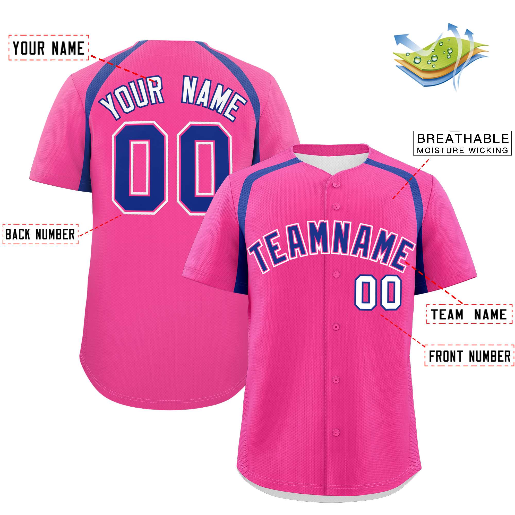 Custom Pink Royal Personalized Color Block Authentic Baseball Jersey