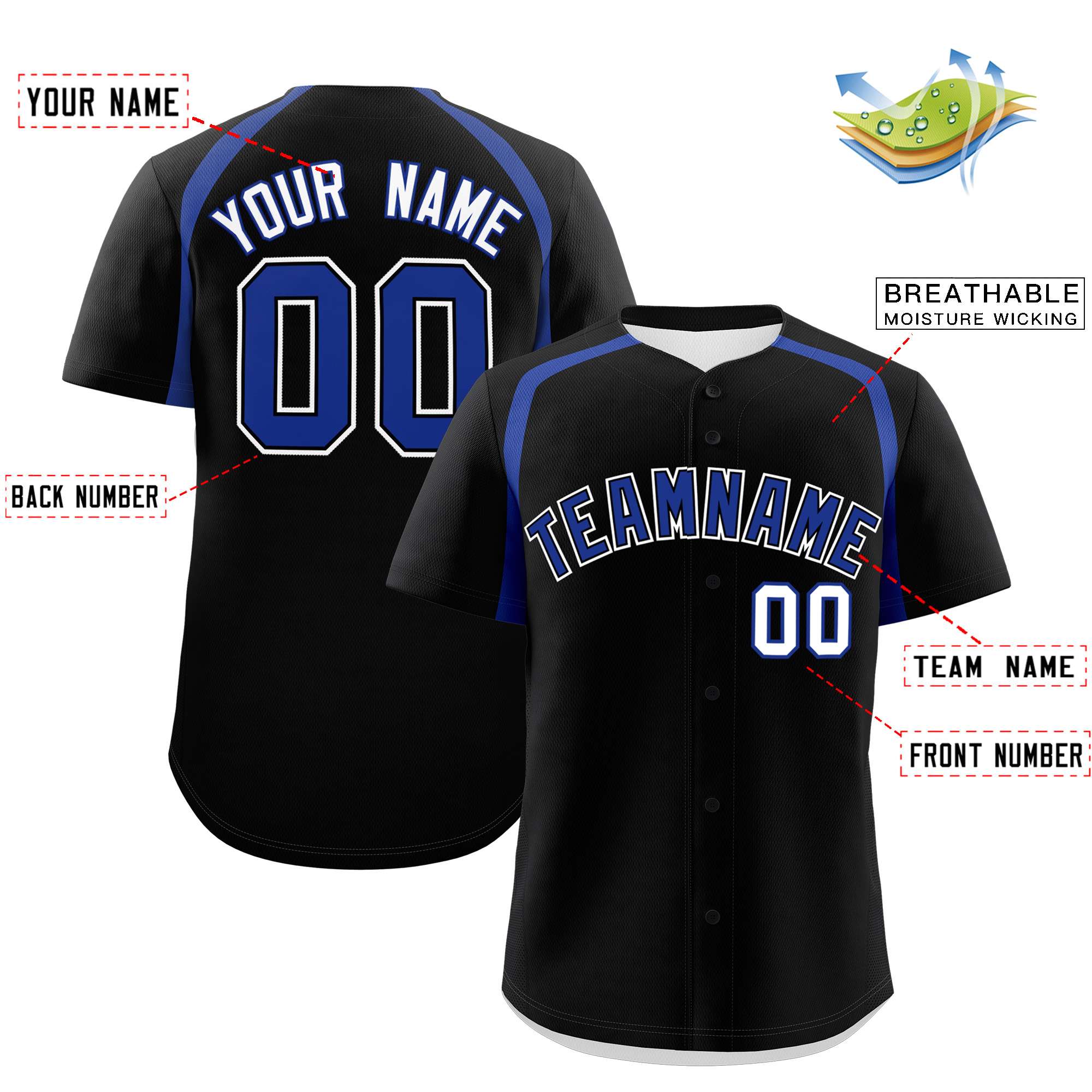 Custom Black Royal Personalized Color Block Authentic Baseball Jersey