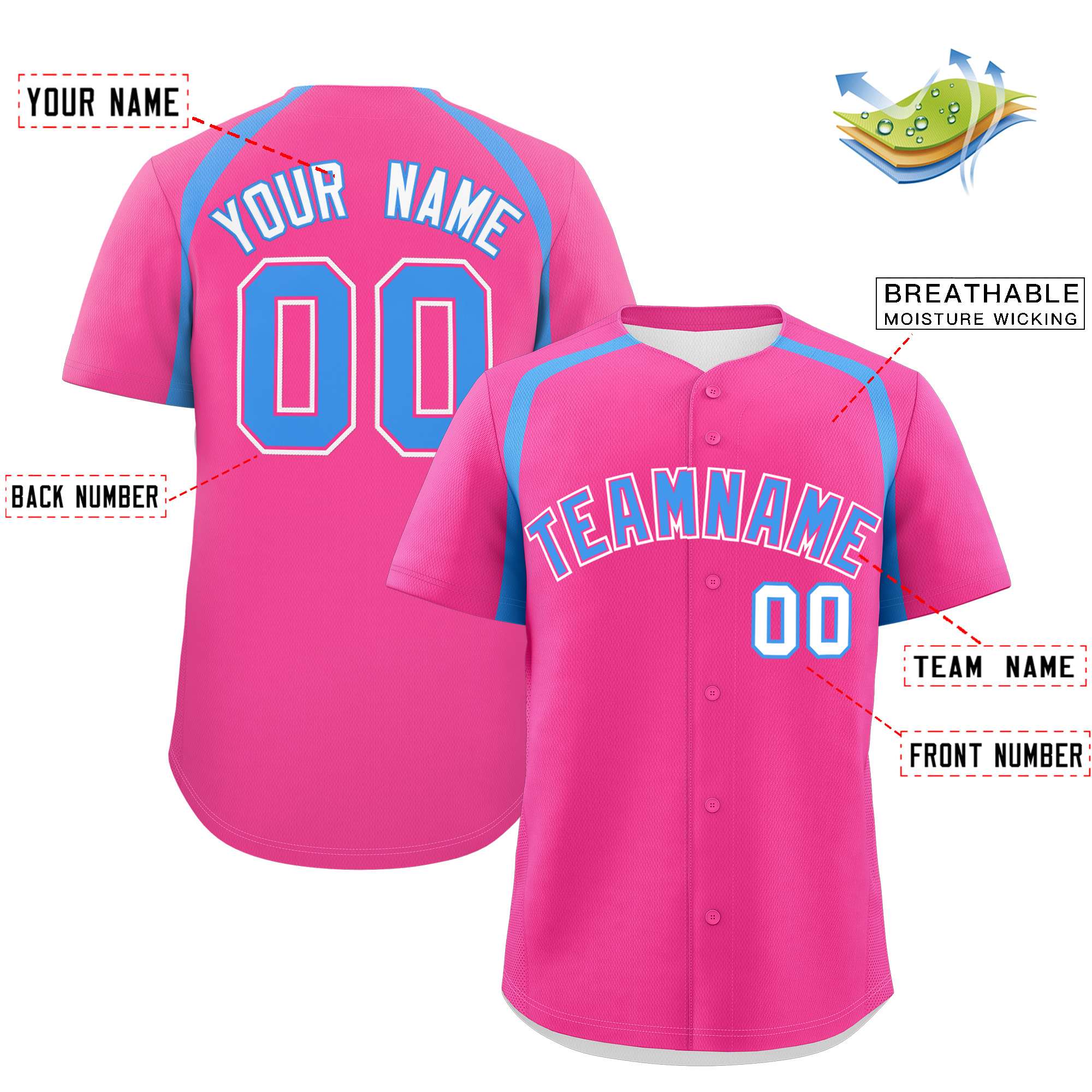 Custom Pink Powder Blue Personalized Color Block Authentic Baseball Jersey