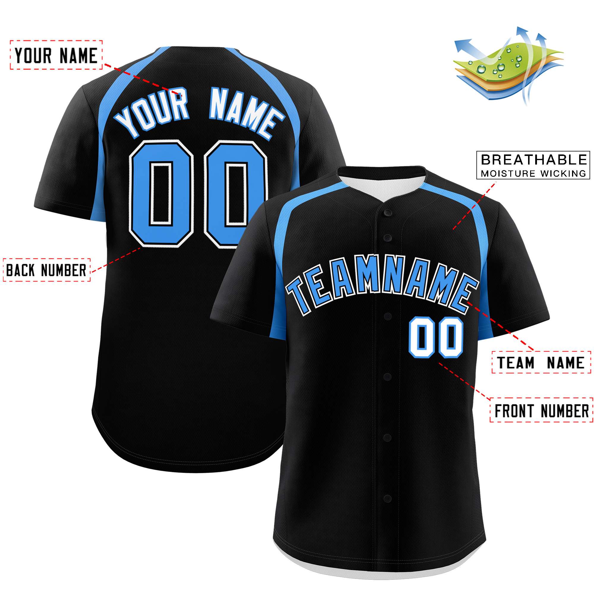 Custom Black Powder Blue Personalized Color Block Authentic Baseball Jersey