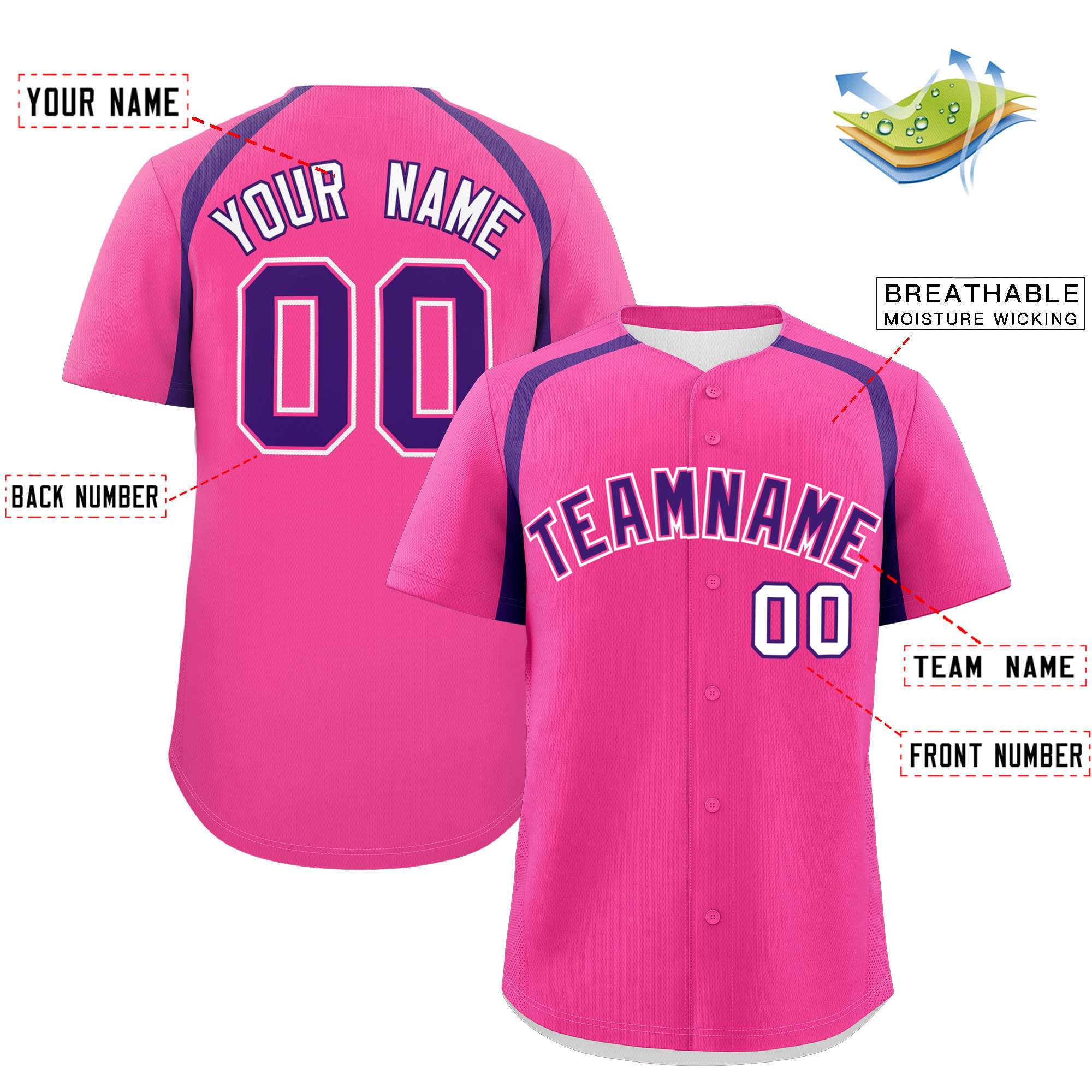 Custom Pink Purple Personalized Color Block Authentic Baseball Jersey