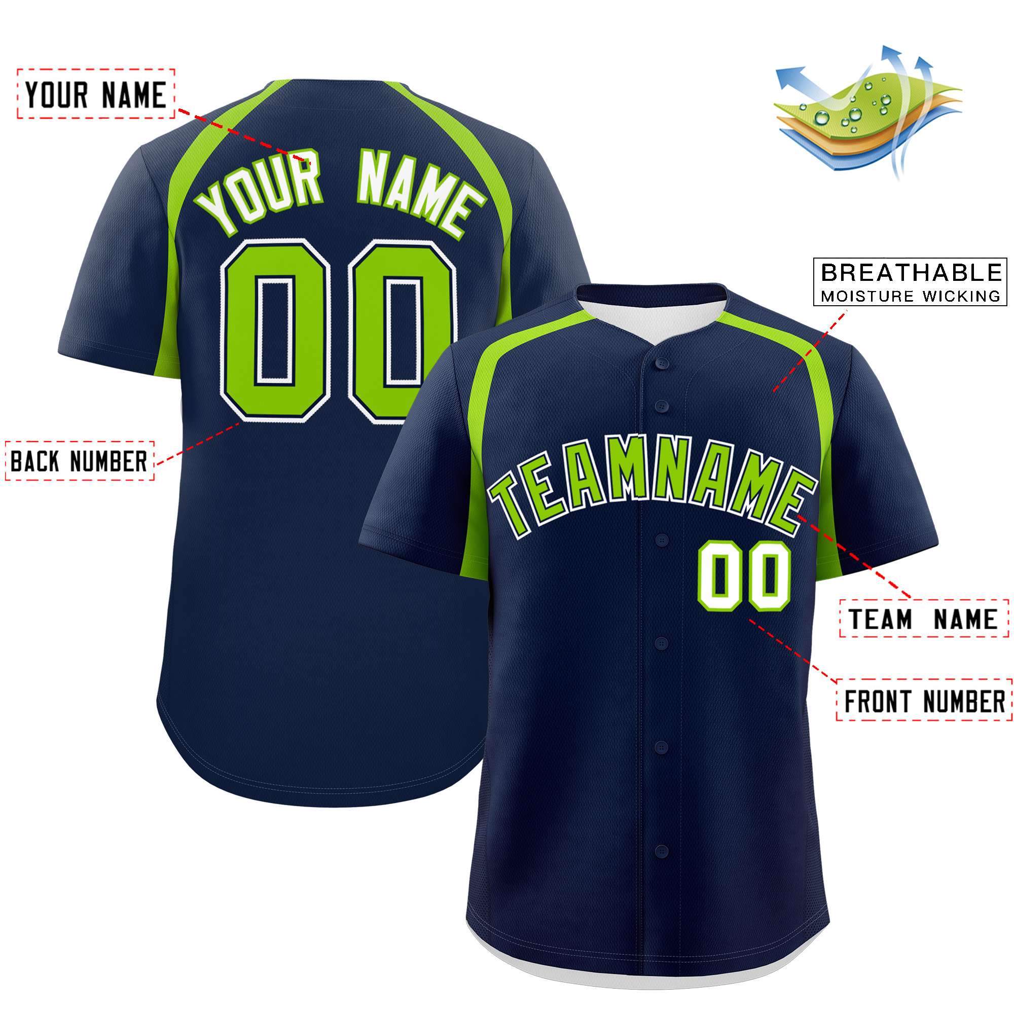 Custom Navy Neon Green Personalized Color Block Authentic Baseball Jersey