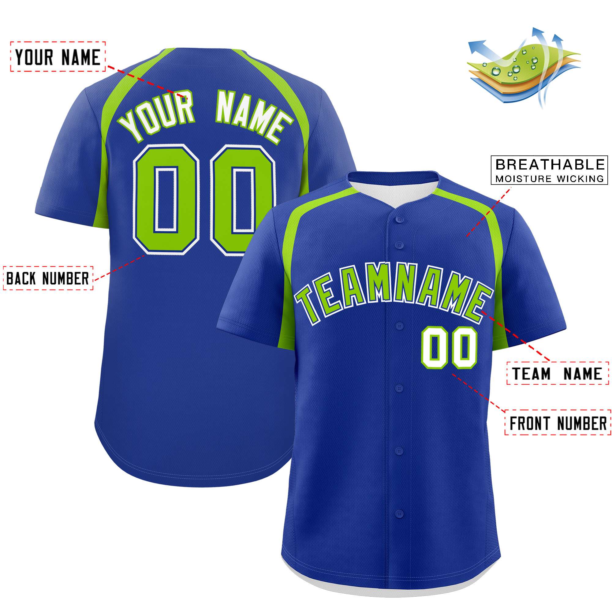 Custom Royal Neon Green Personalized Color Block Authentic Baseball Jersey