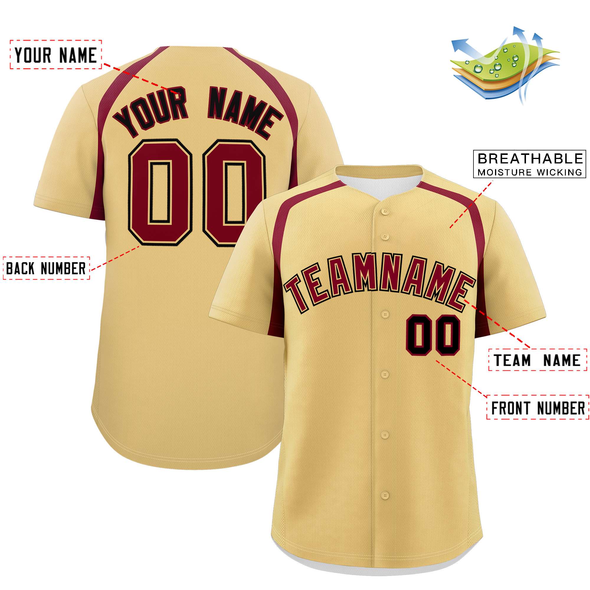 Custom Khaki Crimson Personalized Color Block Authentic Baseball Jersey