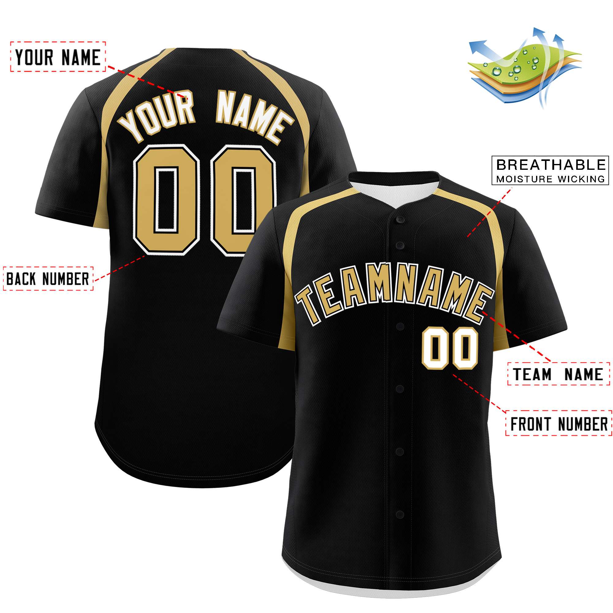 Custom Black Old Gold Personalized Color Block Authentic Baseball Jersey