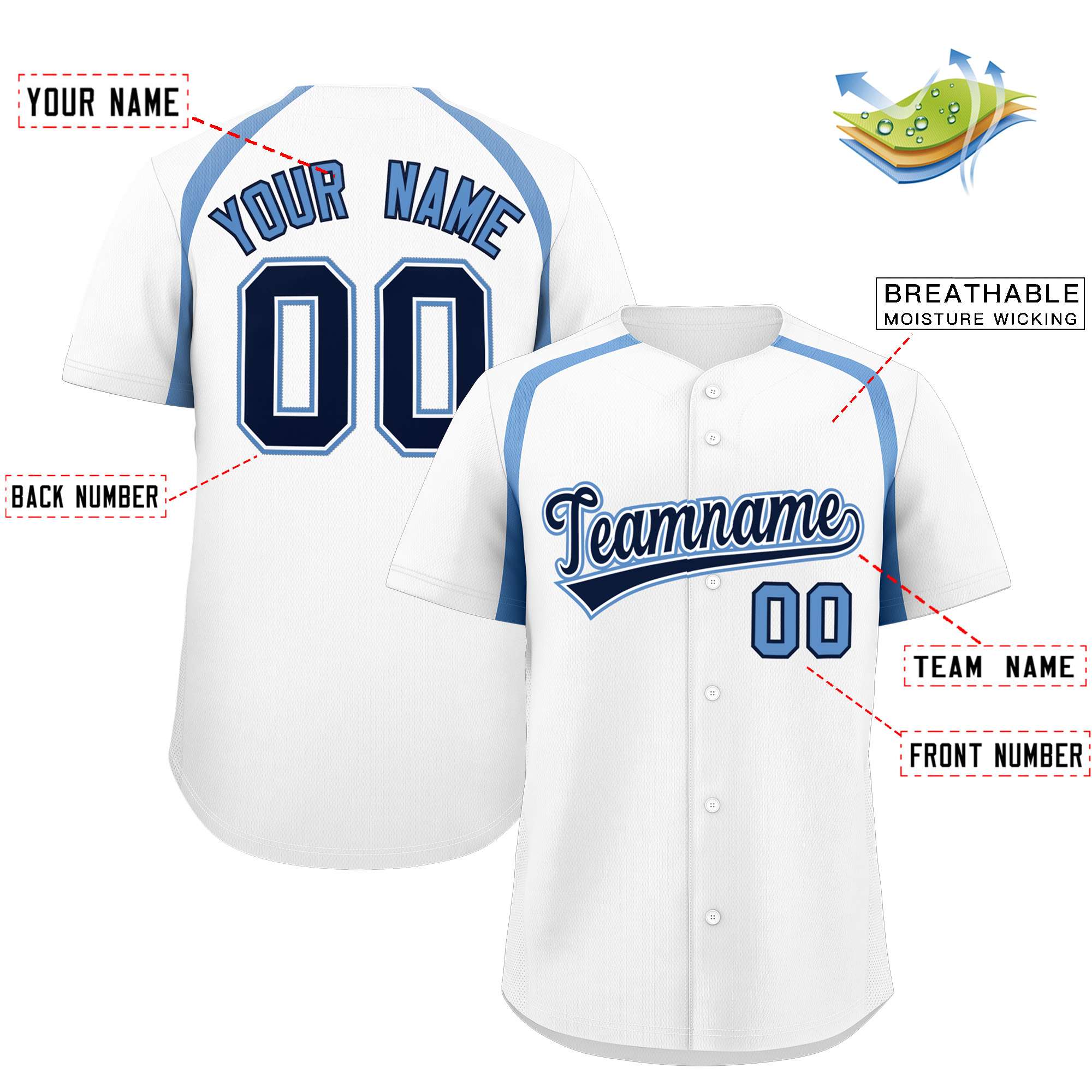 Custom White Light Blue Personalized Color Block Authentic Baseball Jersey