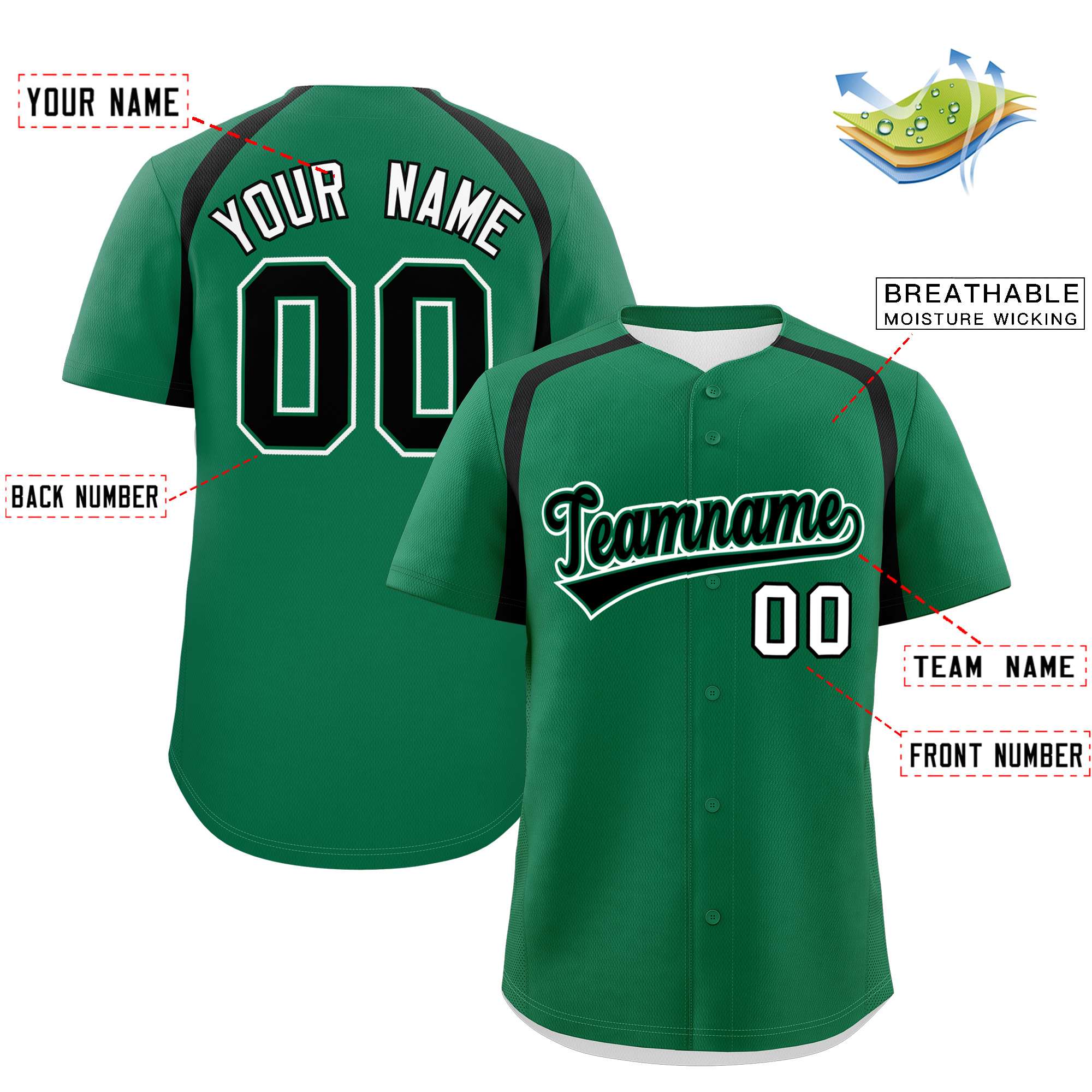 Custom Kelly Green Black Personalized Color Block Authentic Baseball Jersey