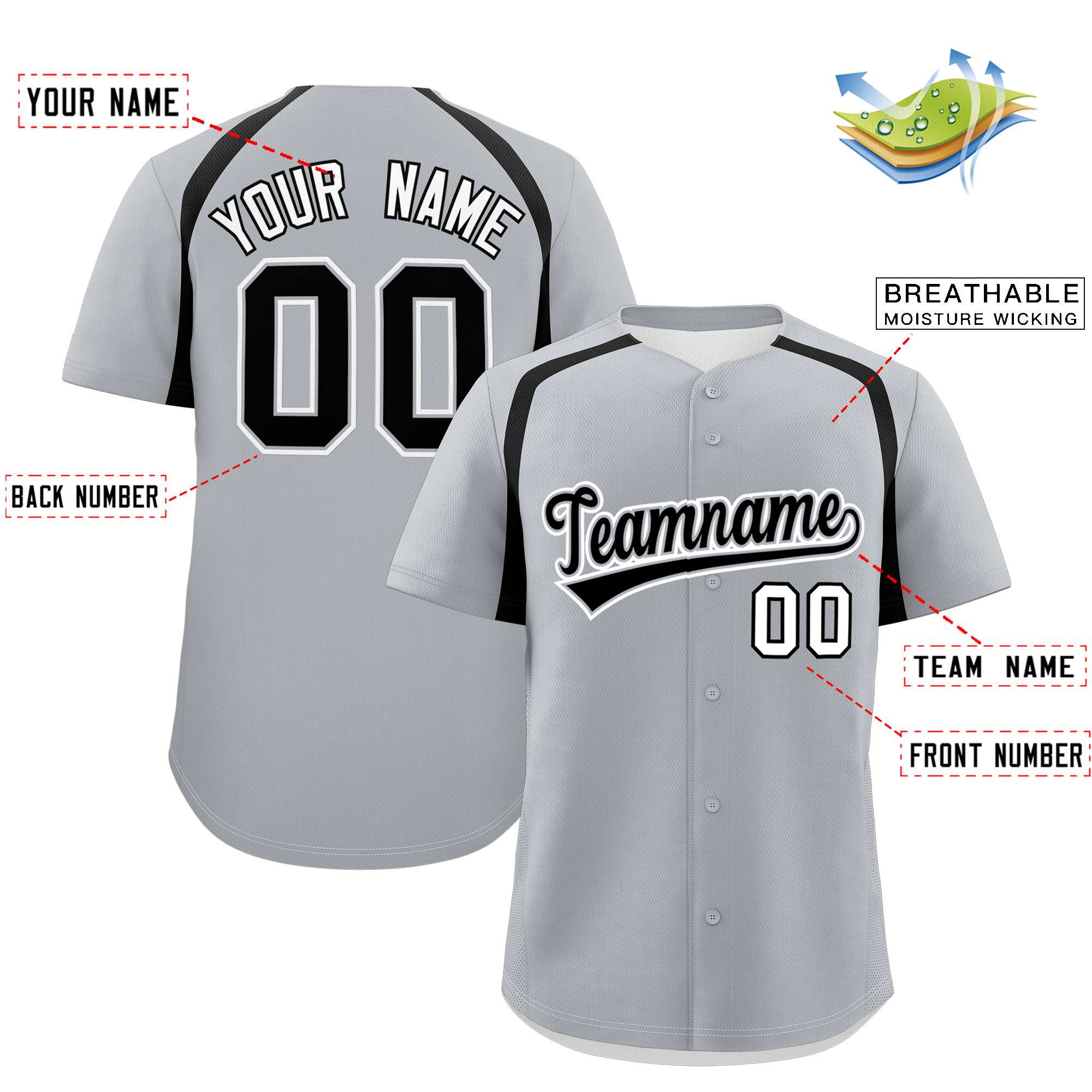 Custom Silver Black Personalized Color Block Authentic Baseball Jersey