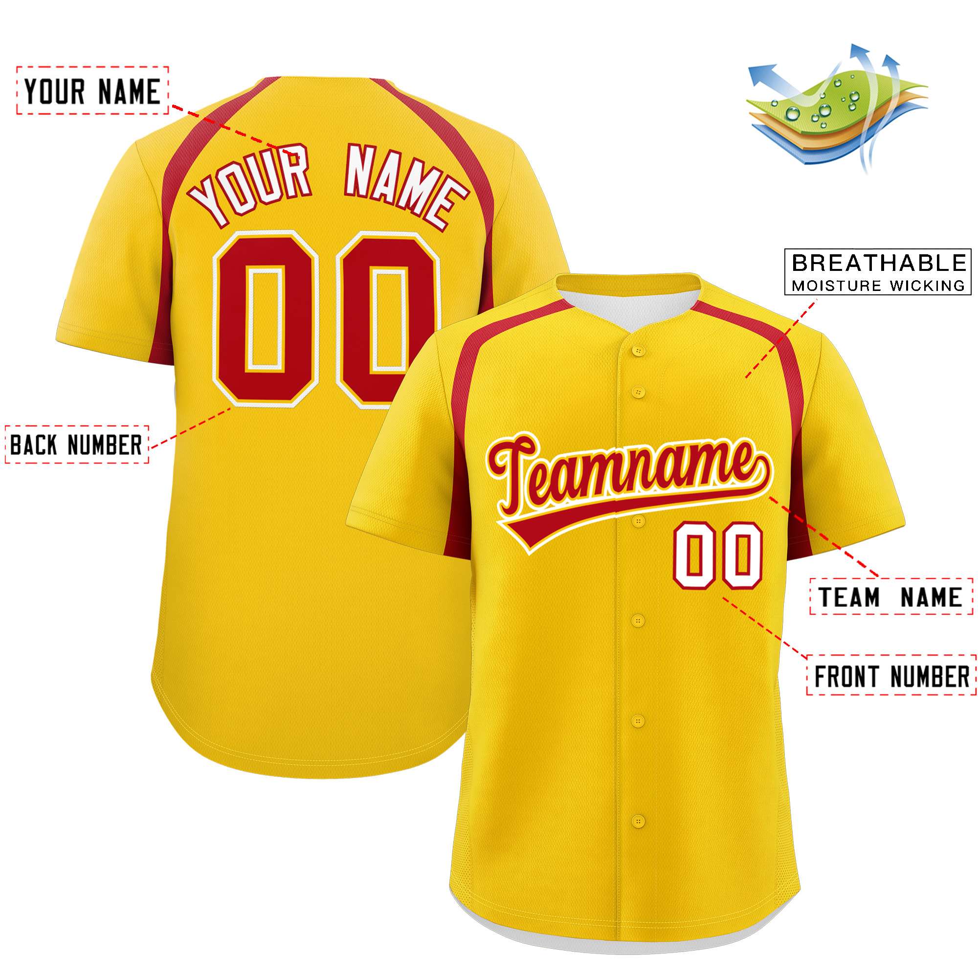 Custom Gold Red Personalized Color Block Authentic Baseball Jersey