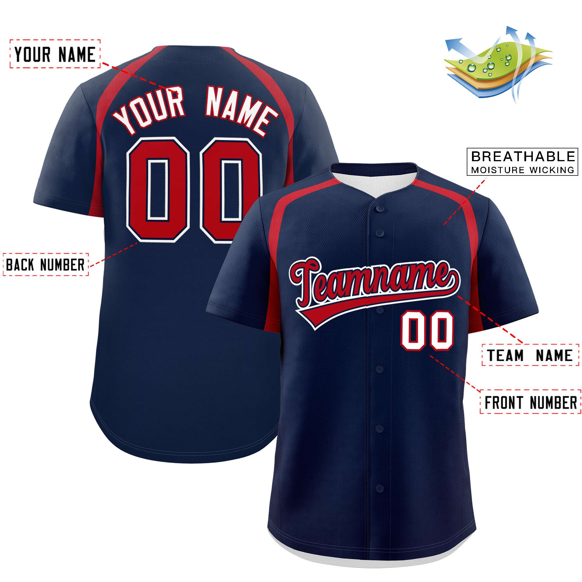 Custom Navy Red Personalized Color Block Authentic Baseball Jersey