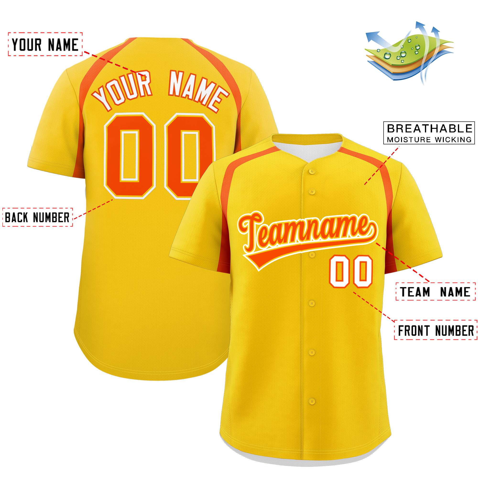 Custom Gold Orange Personalized Color Block Authentic Baseball Jersey