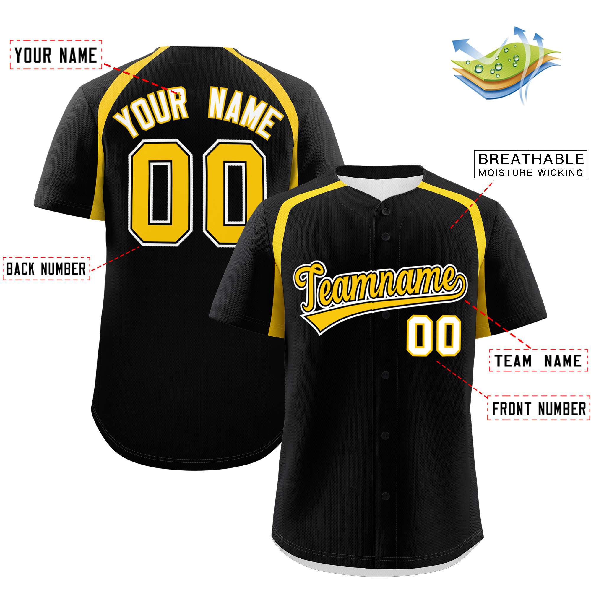 Custom Black Gold Personalized Color Block Authentic Baseball Jersey