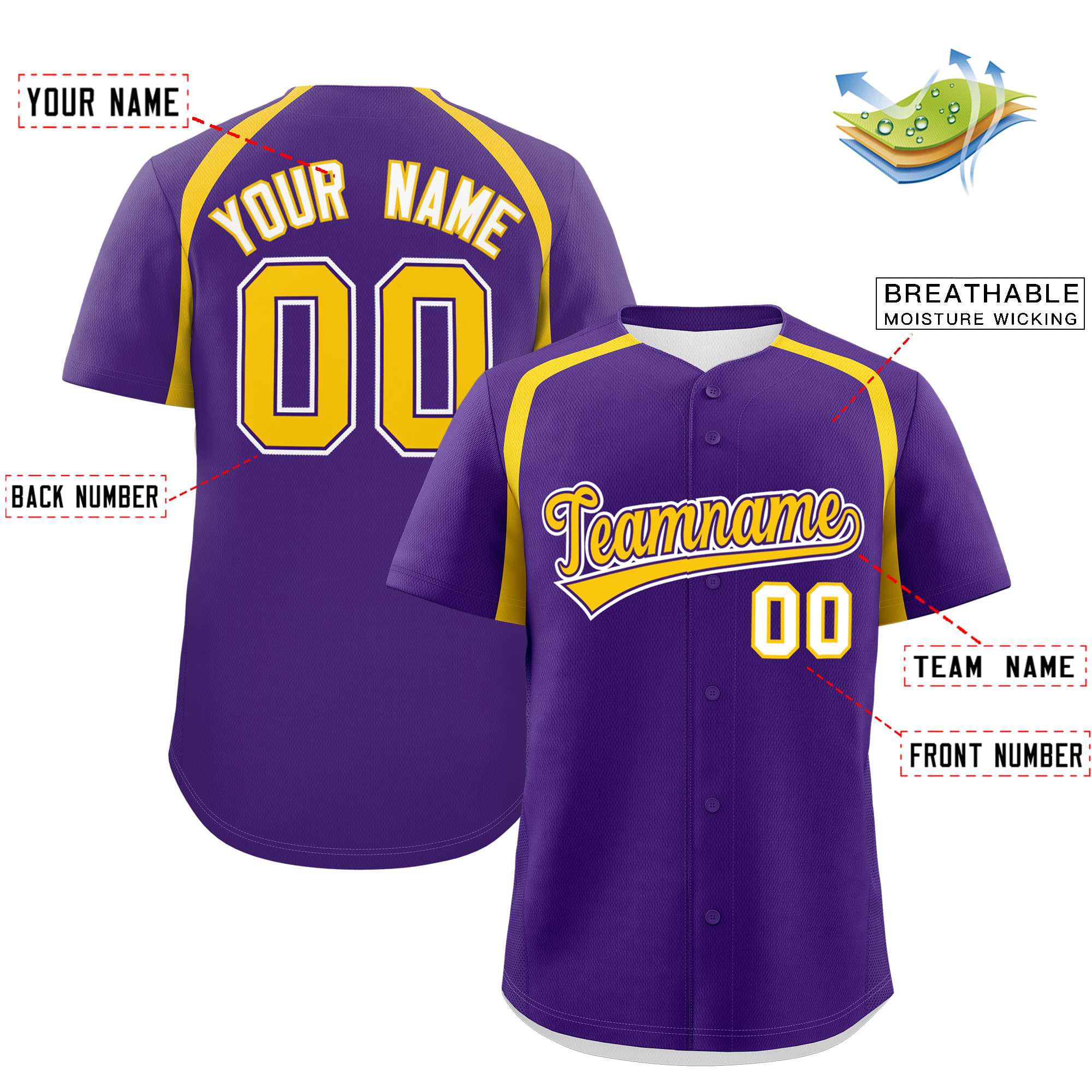 Custom Purple Gold Personalized Color Block Authentic Baseball Jersey