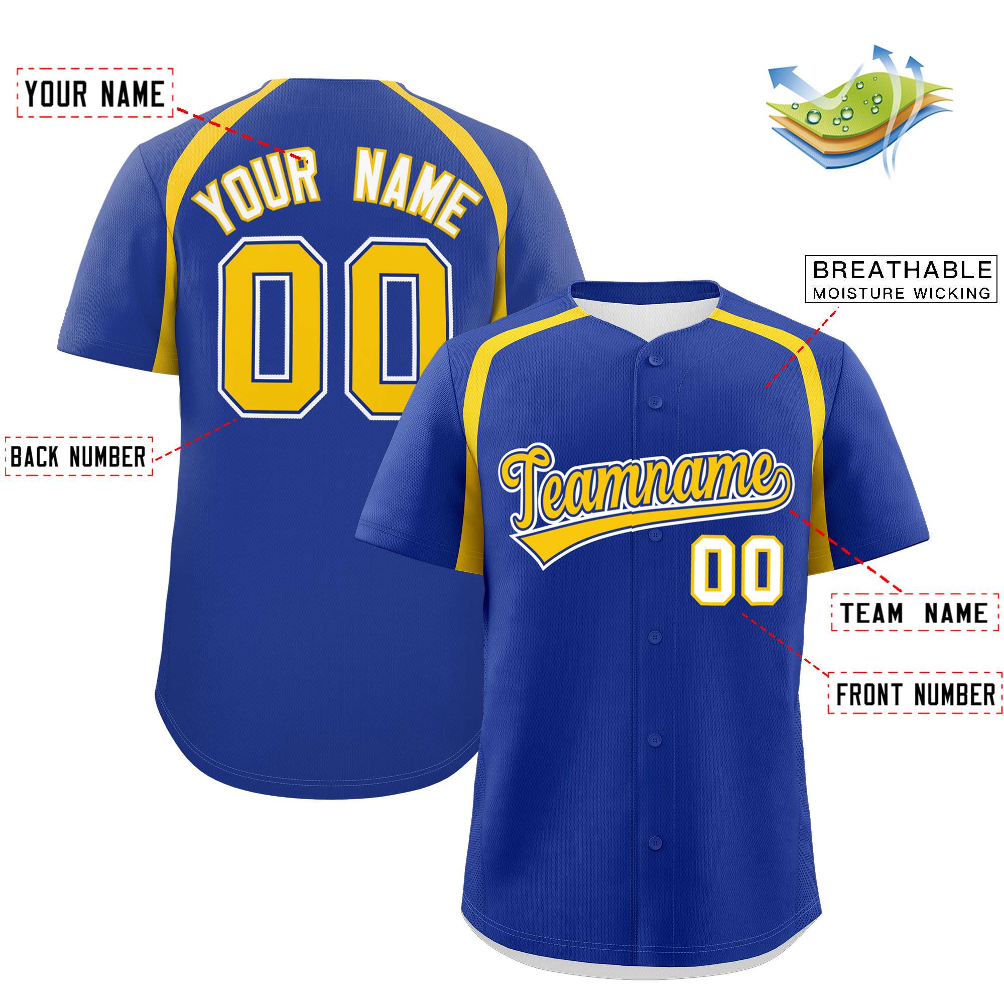 Custom Royal Gold Personalized Color Block Authentic Baseball Jersey