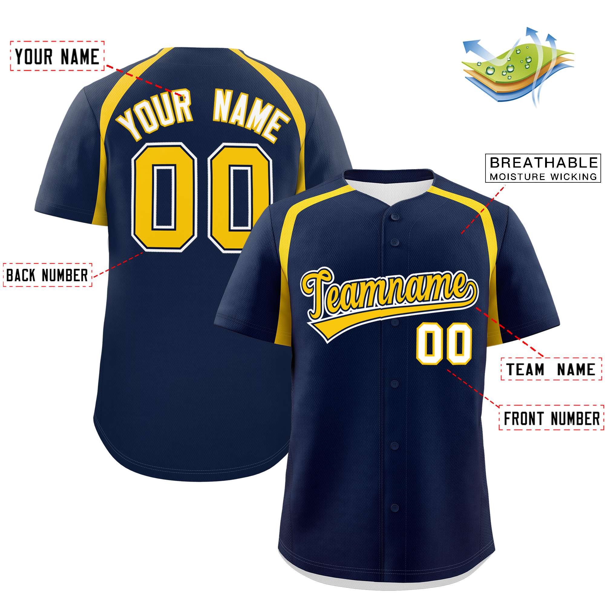 Custom Navy Gold Personalized Color Block Authentic Baseball Jersey