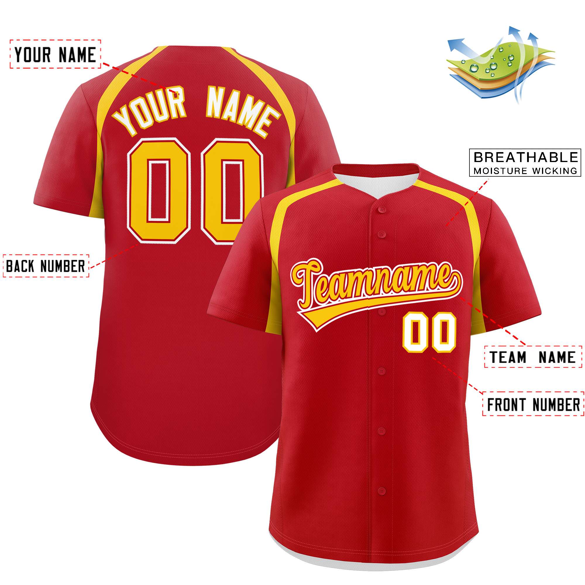 Custom Red Gold Personalized Color Block Authentic Baseball Jersey