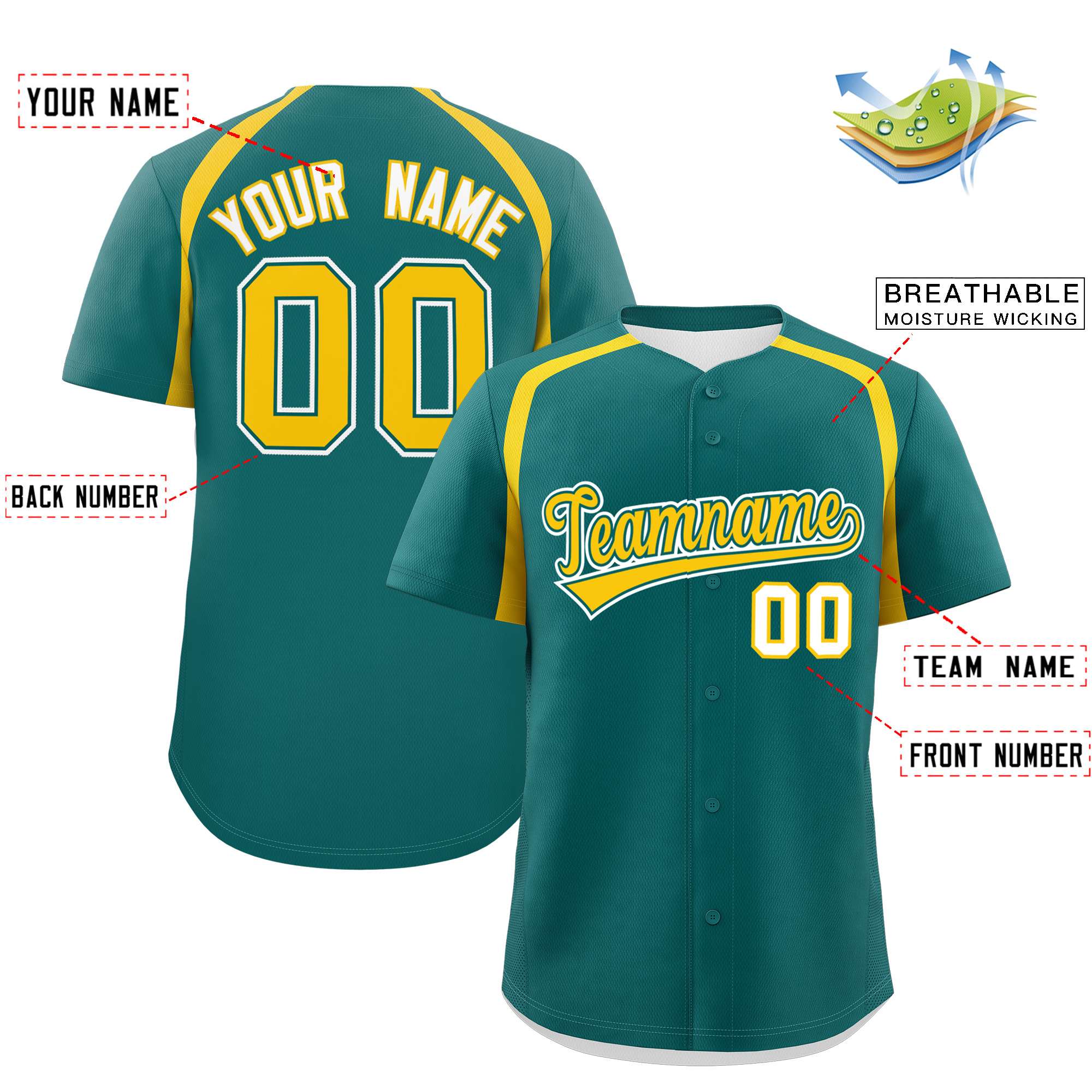 Custom Aqua Gold Personalized Color Block Authentic Baseball Jersey