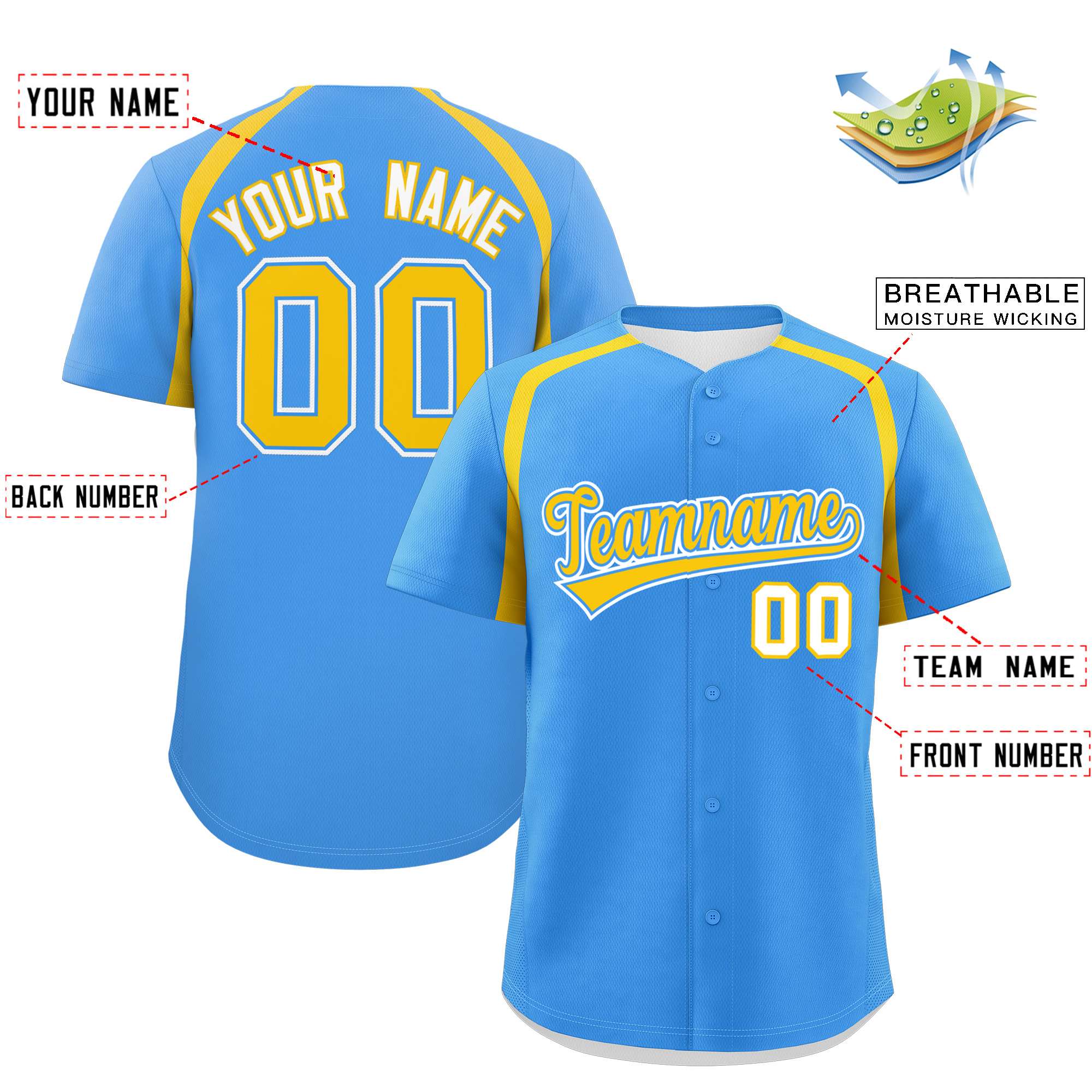 Custom Powder Blue Gold Personalized Color Block Authentic Baseball Jersey