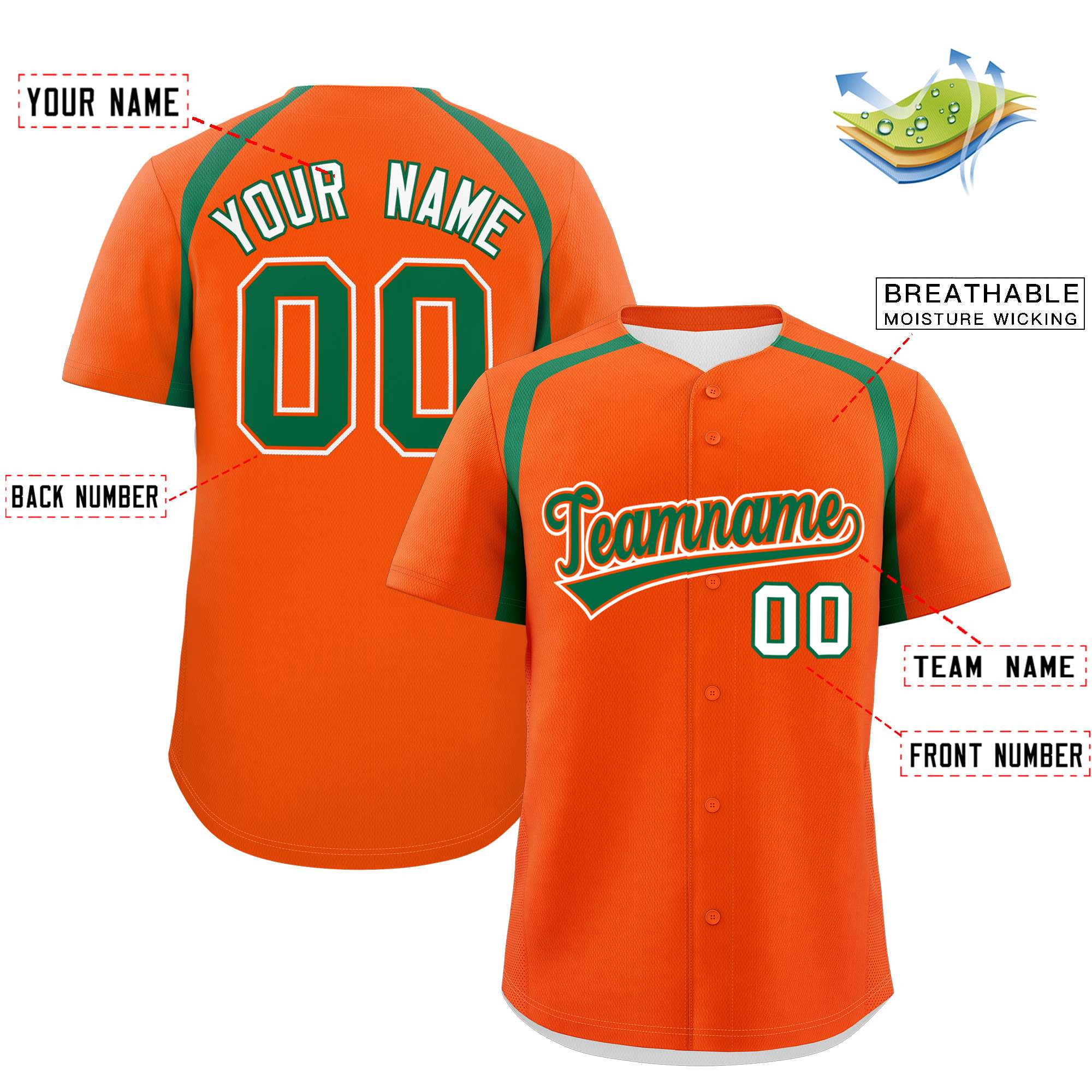 Custom Orange Kelly Green Personalized Color Block Authentic Baseball Jersey